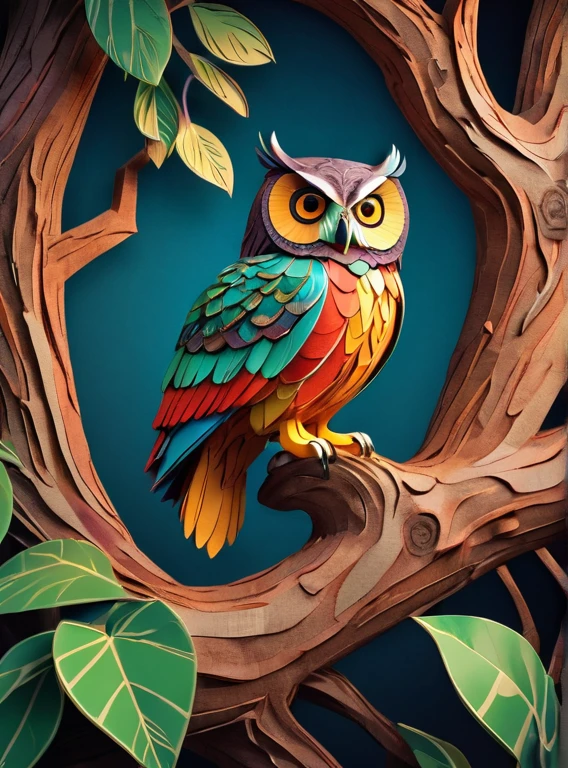 Papercraft, rich vibrant colors, an owl sitting on a tree, masterpiece, 8k, hdr, highly detailed, insane quality