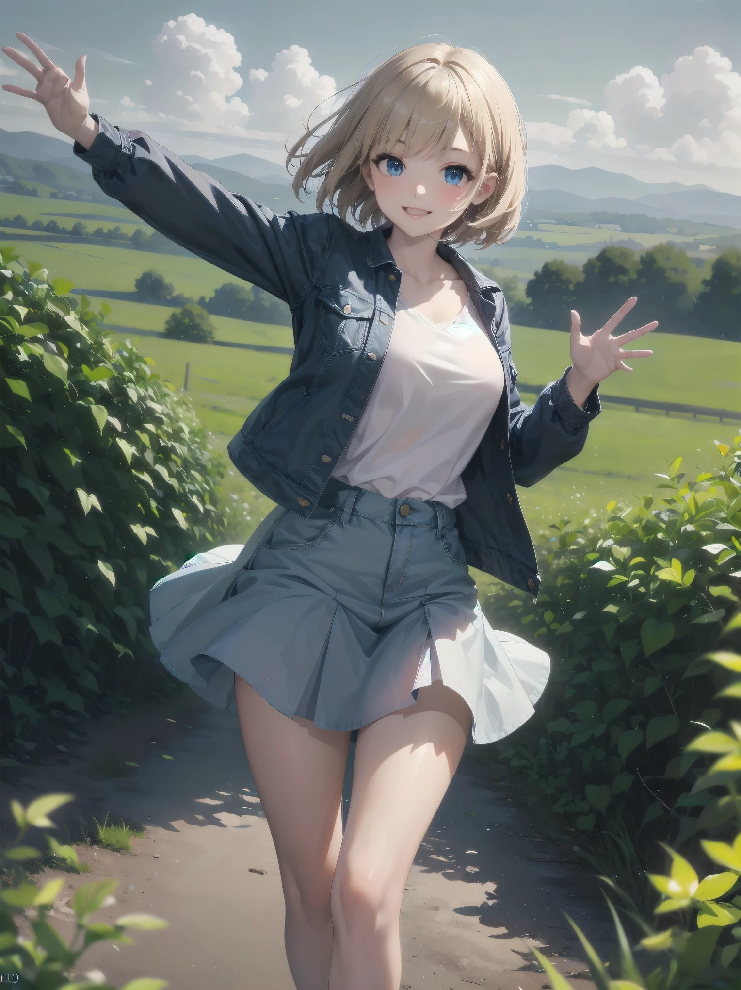 Subject: pretty beautiful girl
Subtitle: {short hair with blue eyes}{casual denim jacket and skirt}{waving pose}{rural landscape}{energetic smile}{high-resolution camera, f/4.0, 1/500 sec, ISO 200, natural light}

A beautiful girl with short hair and striking blue eyes stands in the open countryside. She is wearing a casual denim jacket and skirt and waves her hands cheerfully. Her energetic smile shines brightly and gives vitality to the viewer. The expanse of green countryside in the background is beautiful and the natural light softly illuminates her figure. Shot with a high-resolution camera at f/4.0 aperture, shutter speed 1/500th of a second and ISO 200, the natural light brings out the best of the beautiful girl's charm in this crisp, clear image.
