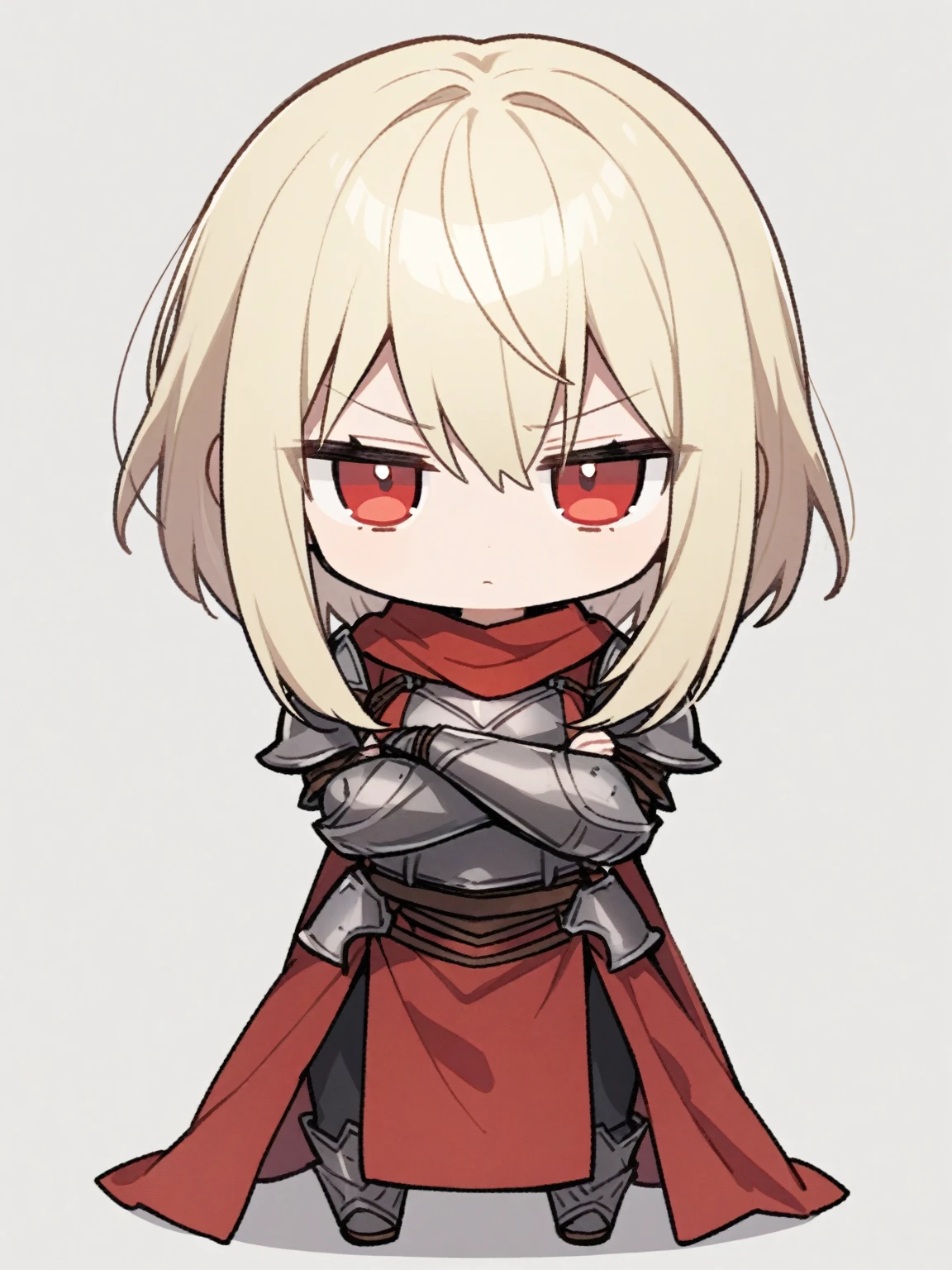{{{kame (kamepan44231), full body, no humans, chibi, jitome, fumo (doll)}}}, straight-on, looking at viewer, medieval fantasy, blank background, white background, 1girl, solo, hair between eyes, light blond hair, small breasts, long sidelocks, red eyes, tsurime, medium hair, hair between eyes, black pants, (red tabard:1.3), grey iron armor, red bandana, serious, crossed arms,