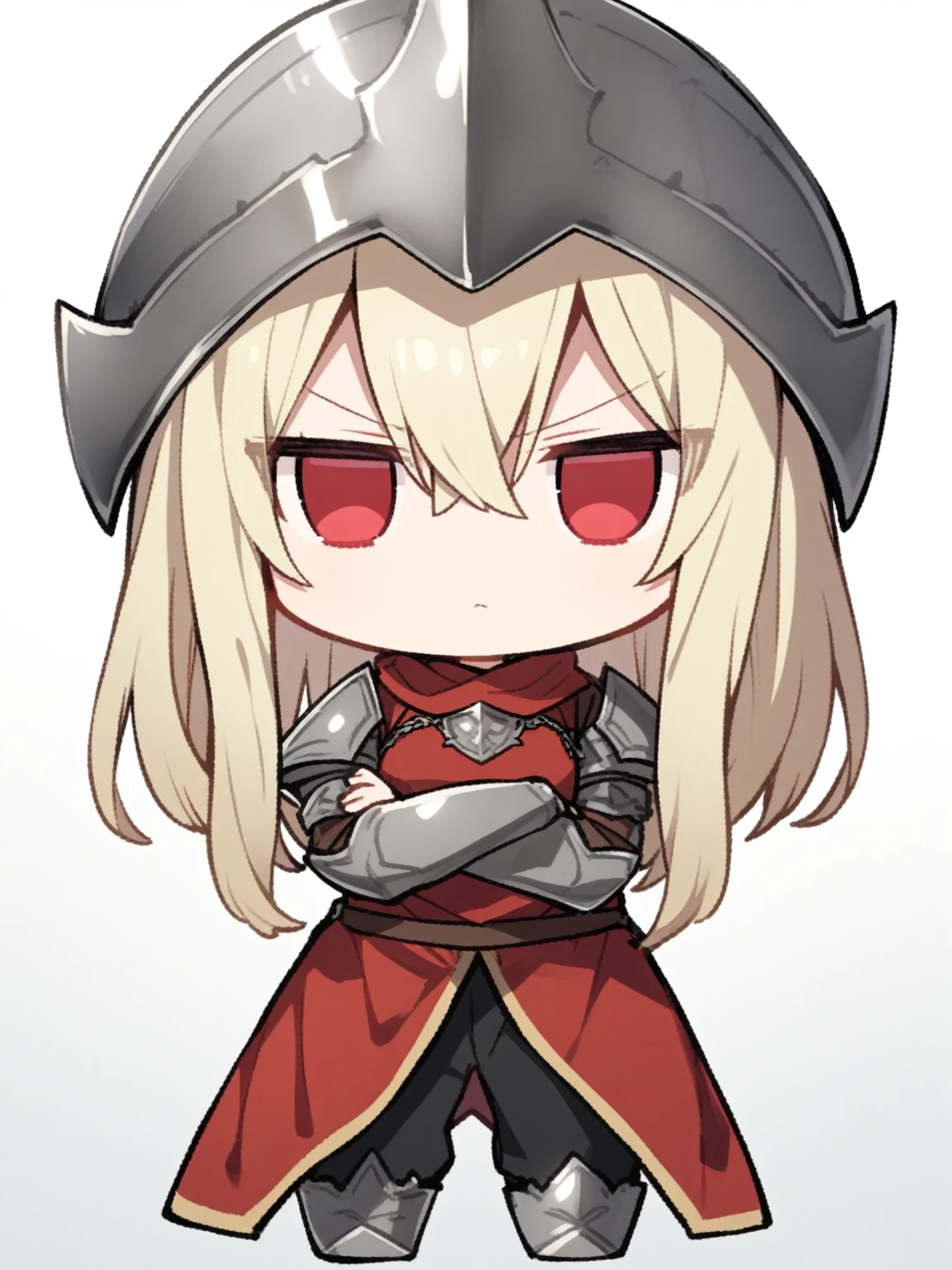 {{{kame (kamepan44231), full body, no humans, chibi, jitome, fumo (doll)}}}, straight-on, looking at viewer, medieval fantasy, blank background, white background, 1girl, solo, hair between eyes, light blond hair, small breasts, long sidelocks, red eyes, tsurime, medium hair, hair between eyes, black pants, (red tabard:1.3), grey iron armor, red bandana, serious, crossed arms,