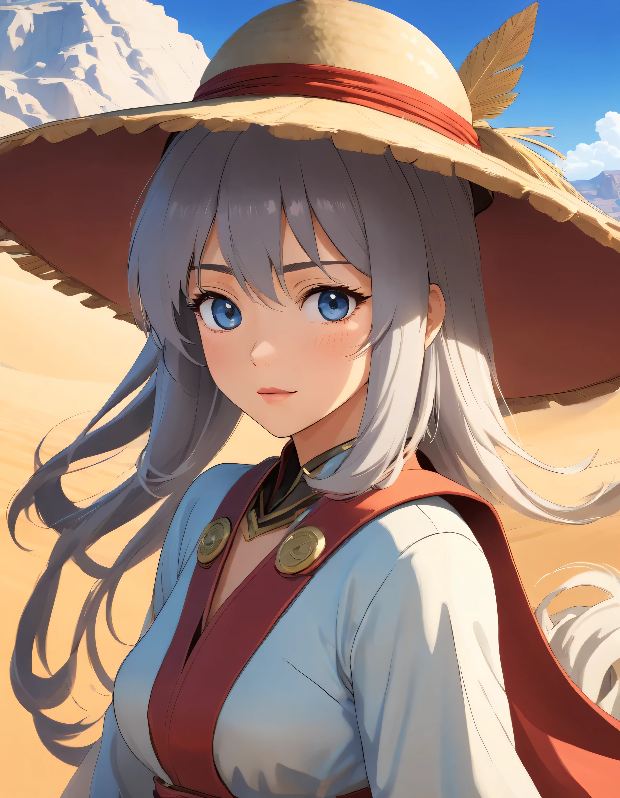 a raiden shogun ei, happy seductive girl, in a desert, cowgirl outfit, beautiful detailed eyes, beautiful detailed lips, extremely detailed eyes and face, long eyelashes, intricate detailed clothing, leather cowgirl outfit, cowboy hat, high heels, jewelry, sun-kissed skin, desert landscape, sand dunes, cliffs, blue sky, warm lighting, cinematic composition, photorealistic, 8k, hyper detailed, masterpiece