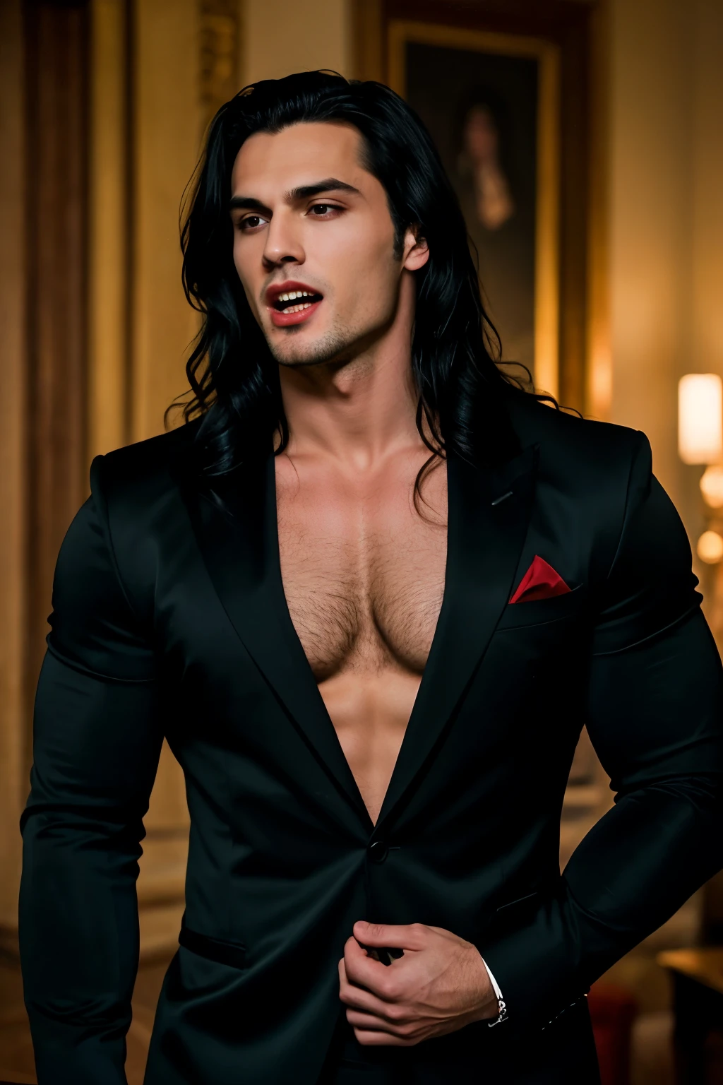 Handsome sexy vampire men, long black hair, Opening his mouth, he pretended to bite with his sharp teeth that were filled with blood.., The underwear is thin and you can see inside., vampire prince, model, muscular, thick buff muscular, 