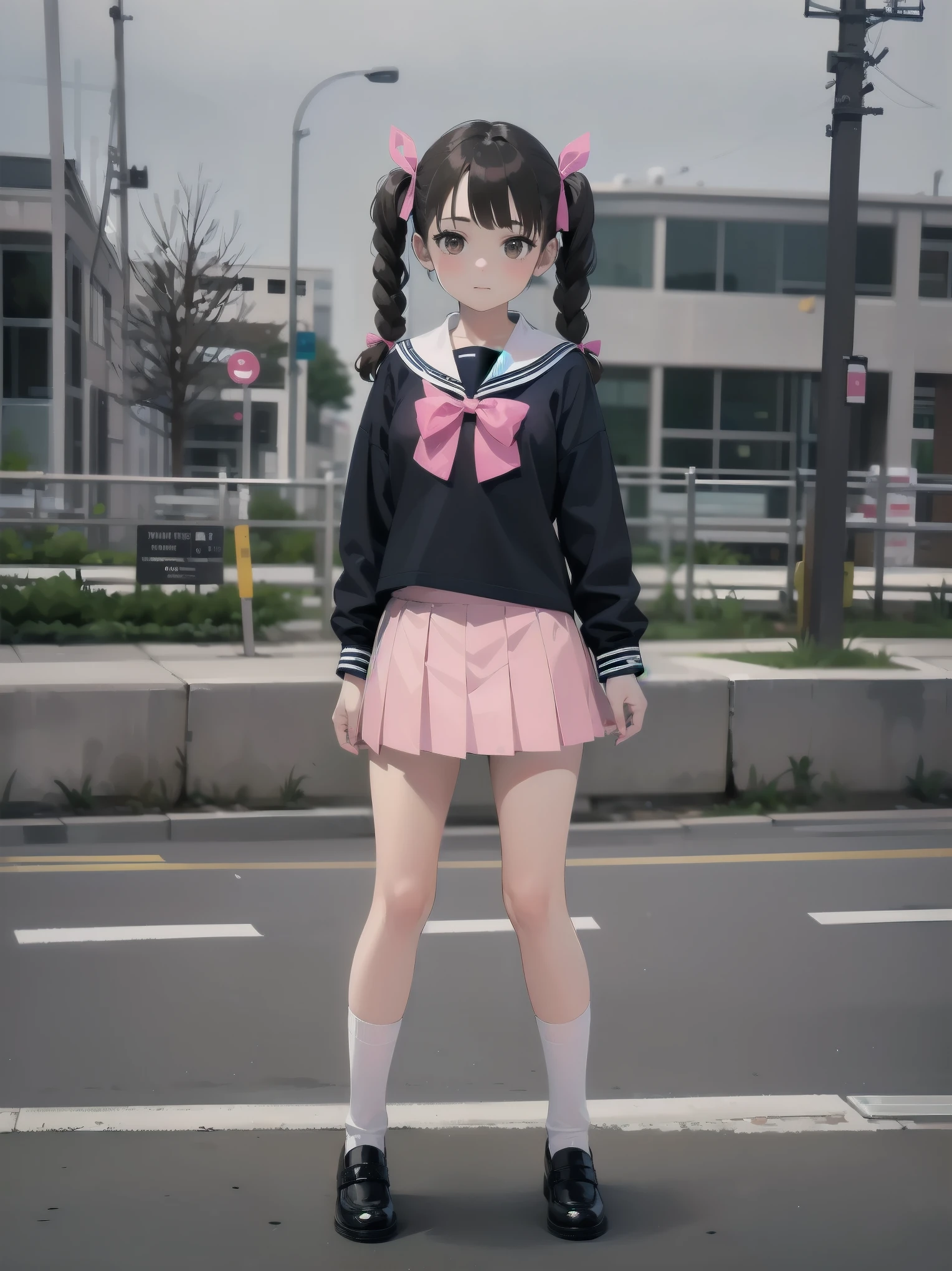 1girl, solo, looking at viewer, skirt, brown hair, shirt, long sleeves, bow, twintails, brown eyes, , full body, shoes, socks, sailor collar, black footwear, twin braids, cosplay, blue bow, white socks, pink skirt, photo background, pink sailor collar