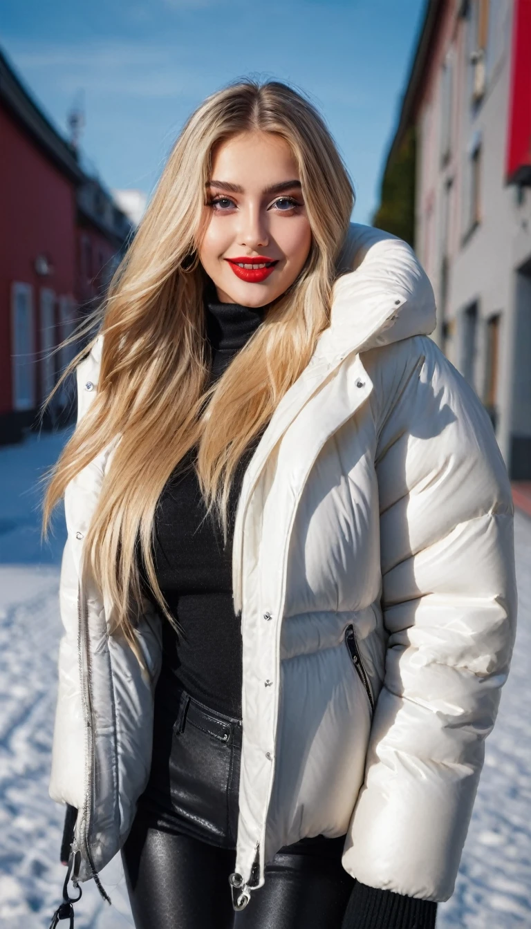 hyperrealistic beautiful busty 19-year-old woman with long legs wearing casual winter outfit with shiny black puffer coat, model shooting full body photography, bleached blonde very long straight hair, soaky wet skin, dark eye makeup with eyeliner, seductive smile, red lips, 8K, Best quality, Meisterwerk, ultra high resolution, (Realismus: 1.4), Originalfoto, (realistische Hautstruktur: 1.3), (Filmkorn: 1.3), (Selfie-Winkel), 1 girl, Beautiful round hazel eyes and facial details, Meisterwerk, Best quality, outdoor photography