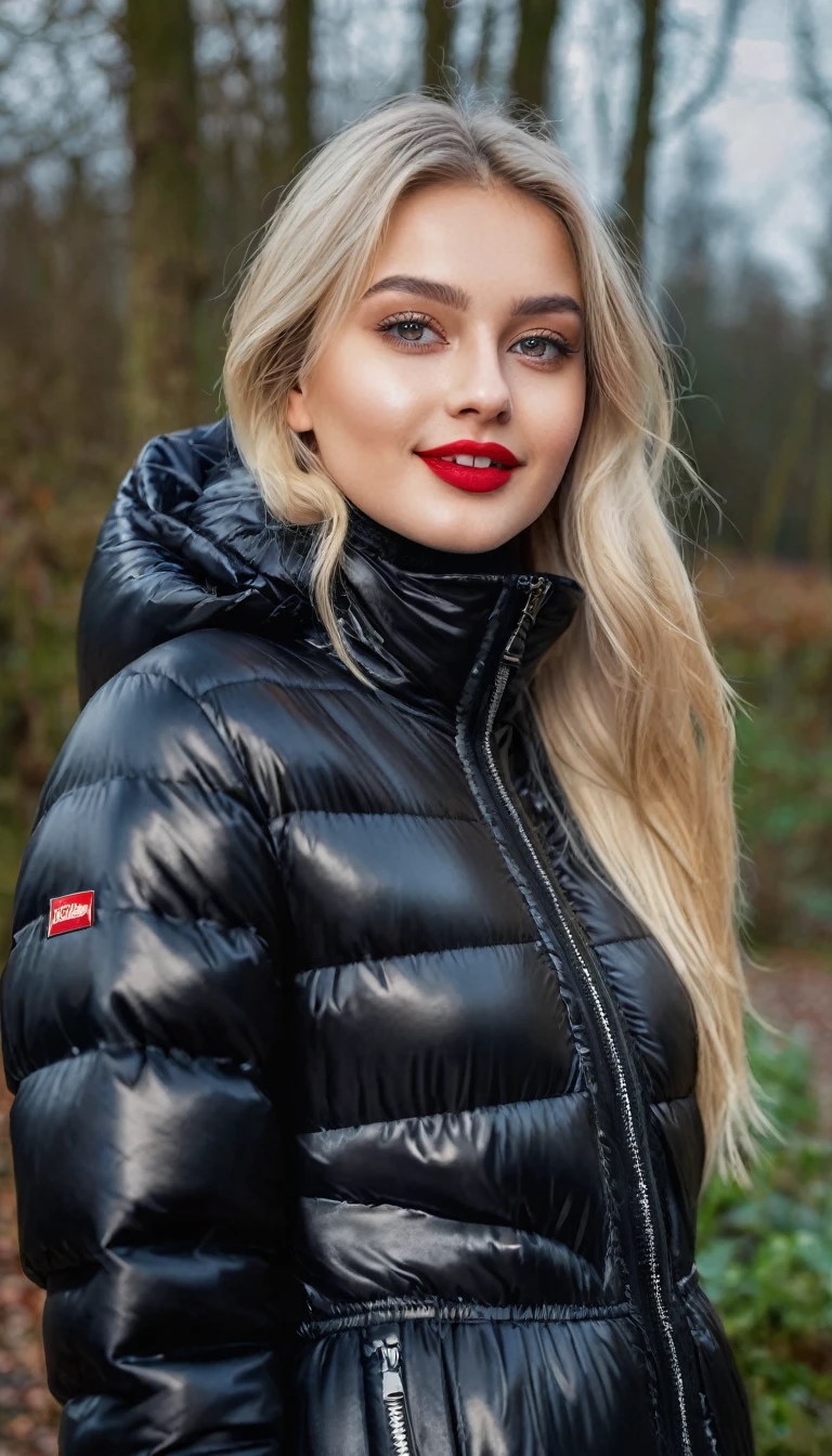 hyperrealistic beautiful busty 19-year-old woman with long legs wearing casual winter outfit with shiny black puffer coat, model shooting full body photography, bleached blonde very long straight hair, soaky wet skin, dark eye makeup with eyeliner, seductive smile, red lips, 8K, Best quality, Meisterwerk, ultra high resolution, (Realismus: 1.4), Originalfoto, (realistische Hautstruktur: 1.3), (Filmkorn: 1.3), (Selfie-Winkel), 1 girl, Beautiful round hazel eyes and facial details, Meisterwerk, Best quality, outdoor photography