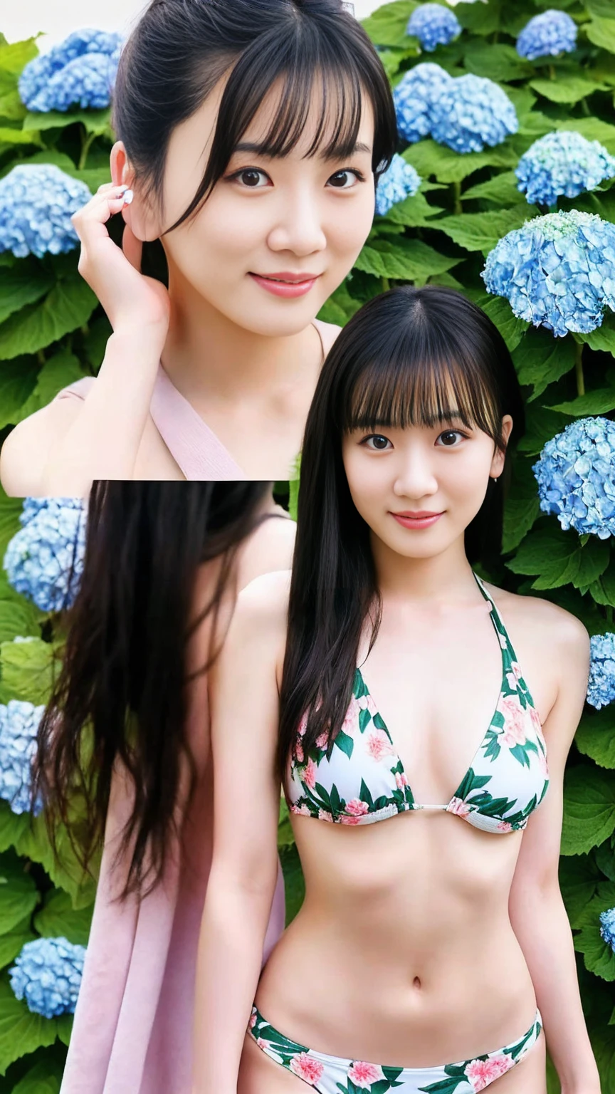 最high quality、high quality、Best image quality、8k、Floral Bikini、Micro Bikini,,最High resolution、High resolution、最high quality、masterpiece、RAW Photos、whole body写真、Detailed and realistic human body、Detailed and realistic skin、Realistic face in every detail、Detailed and realistic eyes、Detailed and realistic lips、Detailed and realistic teeth、Detailed and realistic ears、Detailed and realistic hair、Realistic reproduction of every detail、Realistic fingers in every detail、(Beautiful Hands、thumb1reference4)、Realistic feet down to the last detail、((Beautiful Japanese Woman))、(Japanese Model)、((21 year old beautiful woman))、(Black Hair)、(Straight hair)、((whole body))、(Slim and perfect figure)、(whole body光沢肌、Fair skin)、Detailed and realistic human body、Detailed and realistic skin、Realistic face in every detail、Realistic fingers in every detail、Detailed realistic feet、Soft natural light、Japanese garden、A 360-degree view of the hydrangea fields、((Standing in the middle of a hydrangea field(A woman surrounded by hydrangeas))、Poses to make your thighs look beautiful,whole bodyポーズ、