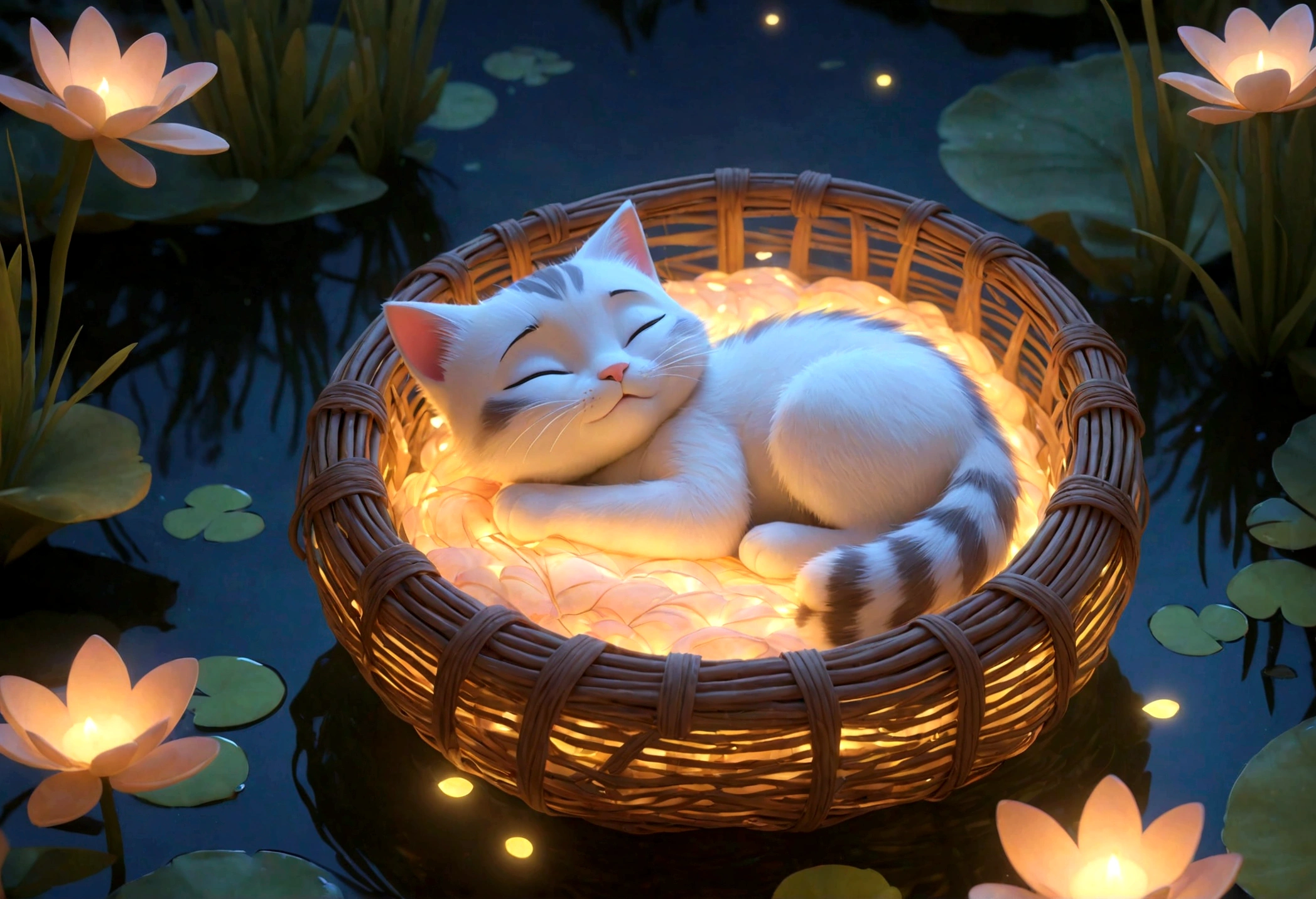 Disney Pixar cartoon character, chibi, sleeping, eyes closed, kitten, cute sleeping, sleeping, belly up, in a magical lighted basket floating in a small lake, background with magical glow, unreal engine rendering, 8k