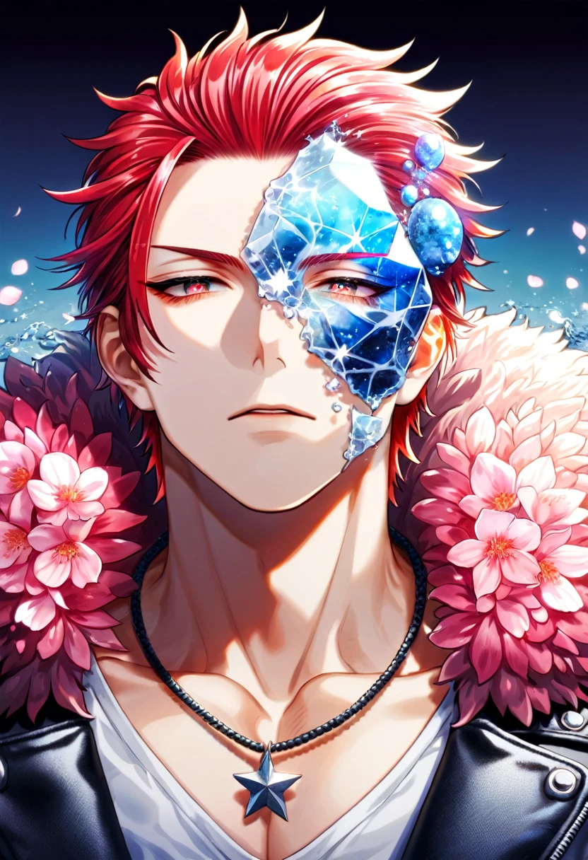 (absurdres, highres, ultra detailed, HDR) master piece, best quality, delicated features, Suoh Mikoto, red hair, hair is kept short, ruffled, slicked back and spiked, with two strands of hair near the opposite sides of his head falling over his face, expressive amber eyes, K Project, solo, sexy man, handsome, toned chest, black leather jacket with a fur collar, a white V-neck shirt underneath, blue jeans, silver star-shaped necklace, water, blossoms, pink butterflies, pink flowers