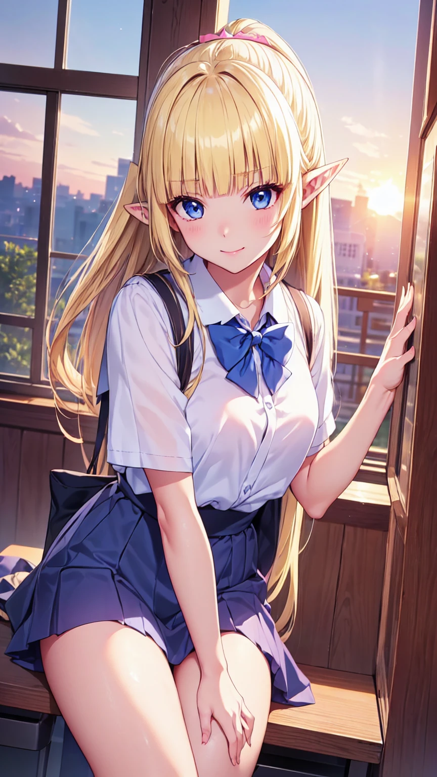 Very close、16k、masterpiece、High resolution、High resolution、((student))、((Young Elven Woman))、((Beautiful white skin))、((Beautiful blonde))、ponytail、((Beautiful Blue Eyes))、((Pointy Ears))、Smiling Kindly、blush、Pink Lip Gloss、Shiny skin、((茶色のブレザーのstudent服、bow tie))look at me、School classroom、window、sunset