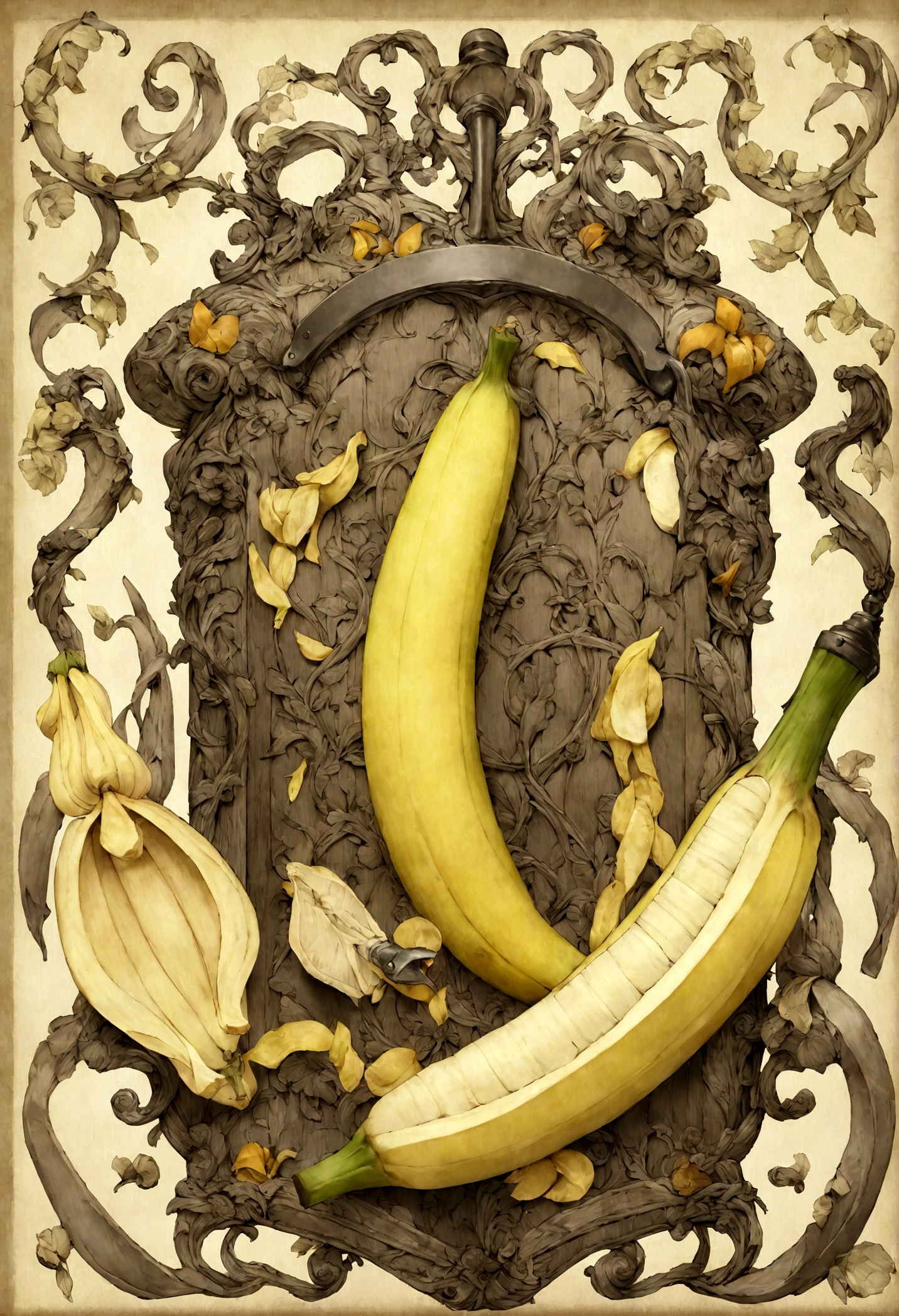 Still life print of vintage The "Banana Peeler" is a specially designed tool for peeling bananas. It consists of a handle, a curved blade that perfectly matches the shape of a banana, and a small compartment to collect the banana peel. Despite its elaborate design, it is entirely unnecessary for peeling a banana, which can be done easily by hand.