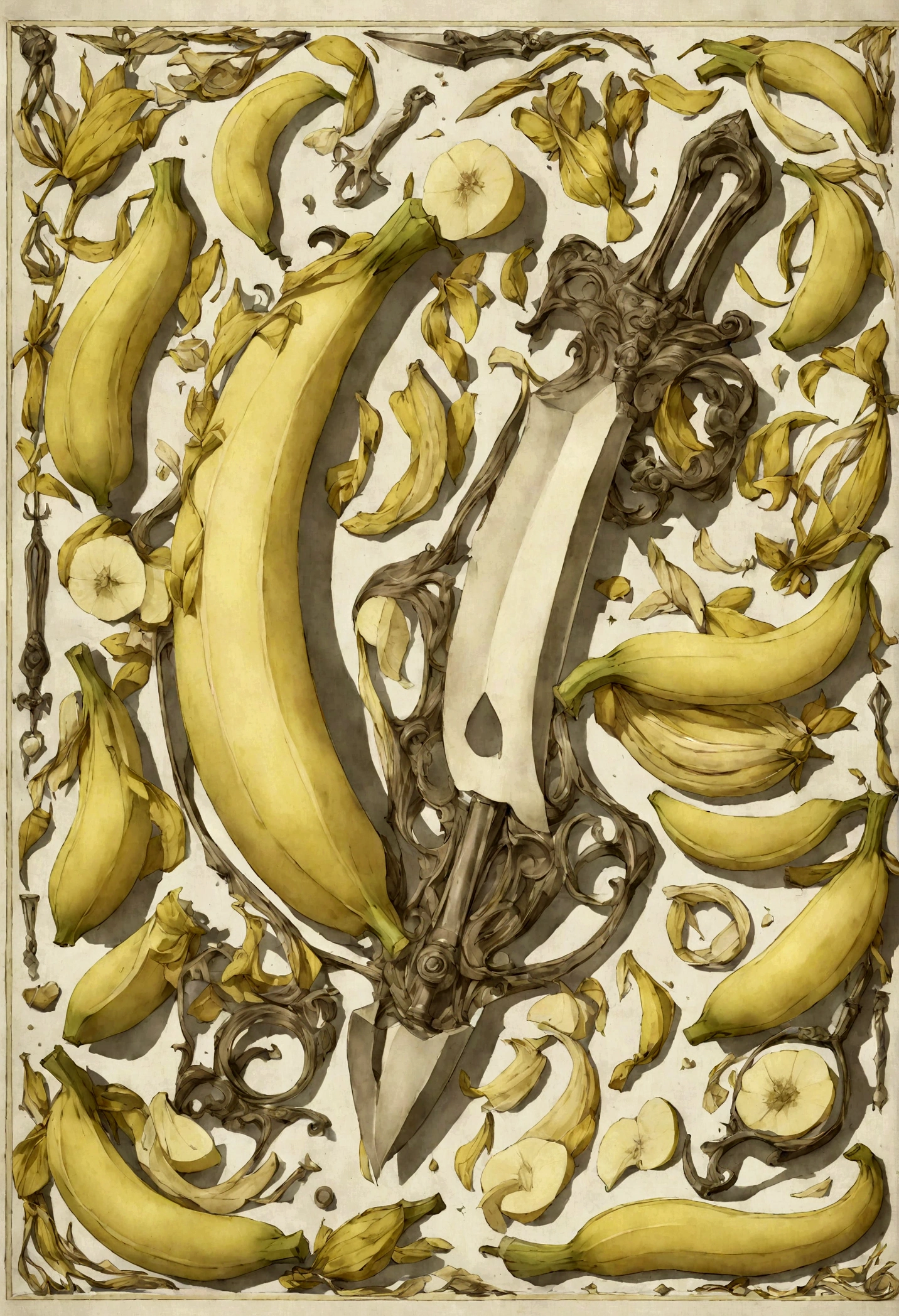 Still life print of vintage The "Banana Peeler" is a specially designed tool for peeling bananas. It consists of a handle, a curved blade that perfectly matches the shape of a banana, and a small compartment to collect the banana peel. Despite its elaborate design, it is entirely unnecessary for peeling a banana, which can be done easily by hand.