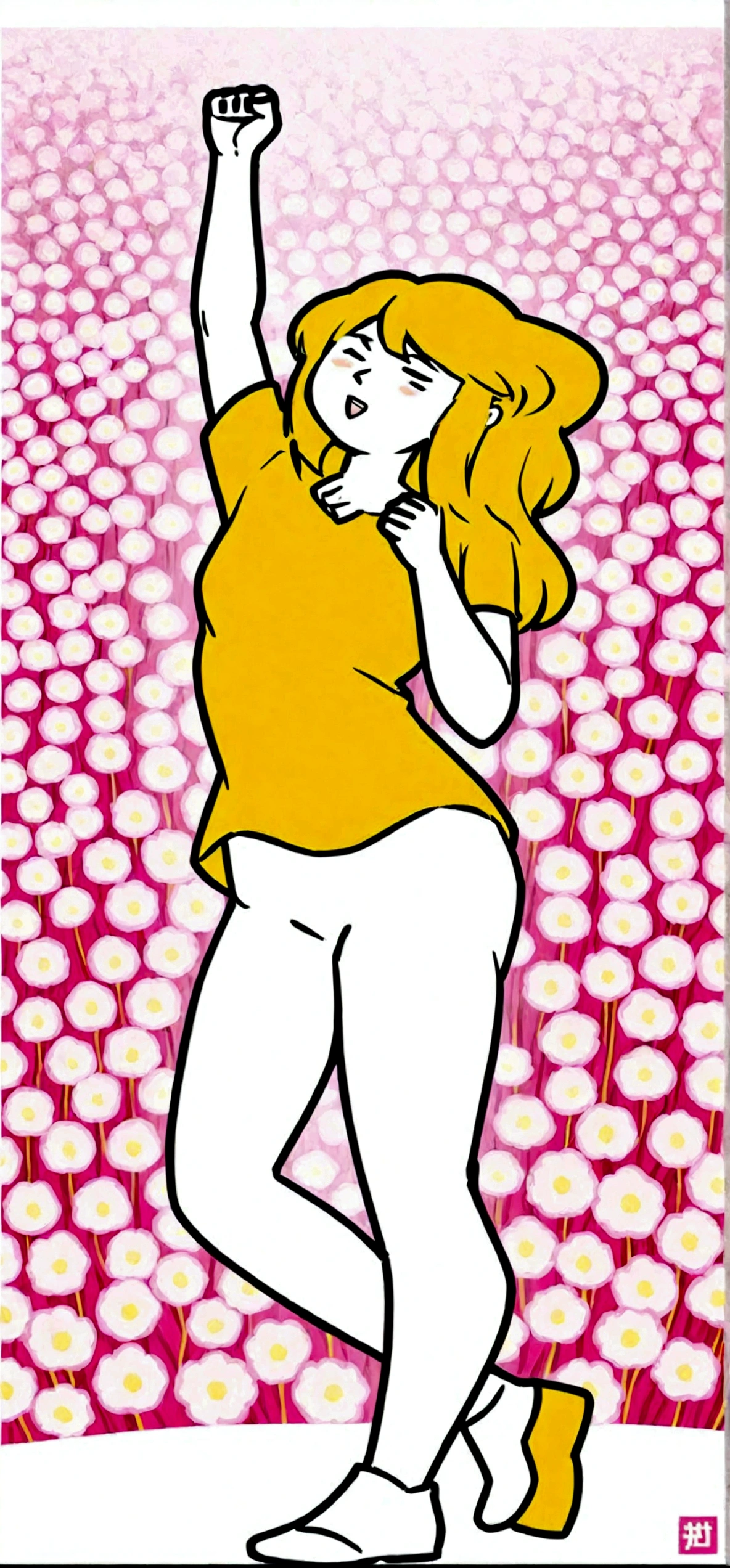 A girl with long, straight beige hair in a white dress doing a fist pump The background is a pink flower field