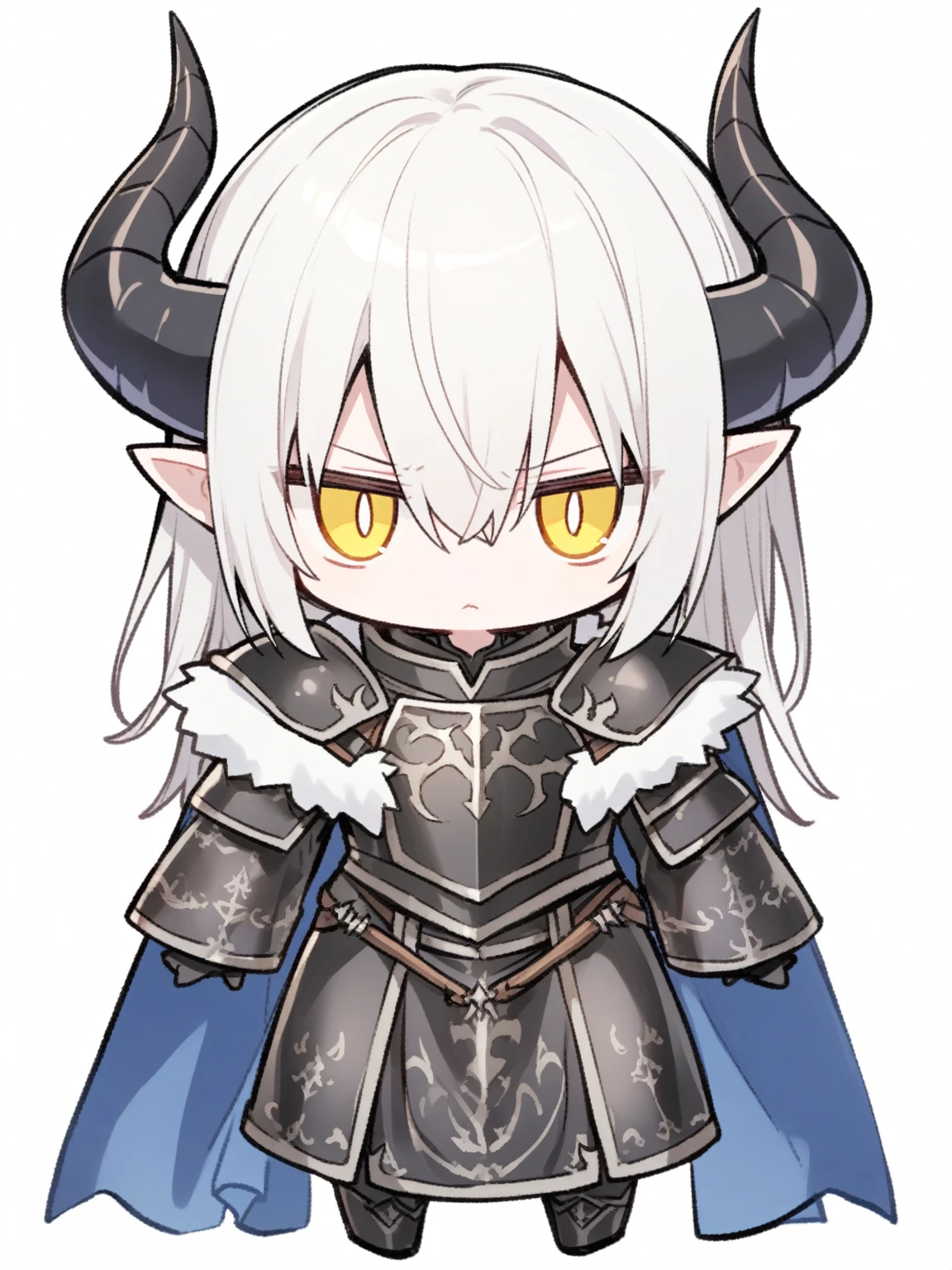 {{{kame (kamepan44231), full body, no humans, chibi, jitome, fumo (doll)}}}, straight-on, looking at viewer, medieval fantasy, blank background, white background, short white hair, blunt bangshair between eyes, yellow eyes, tsurime, pointy ears, sharp pupils, black horns, black armor blue cape, white fur trim, black gloves, two horns, black shoulder armor, black overcoat, long sleeves, tsundere, serious, black armored dress,