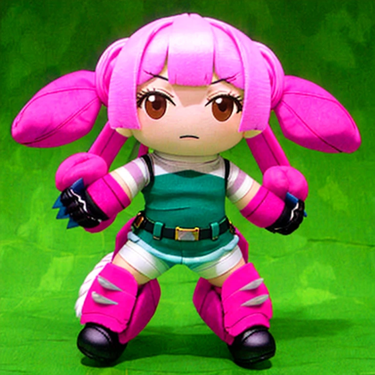 plushify, character stuffed toy, chibi, naguri, 1girl, gauntlets, boots, pink hair, twintails, solo
