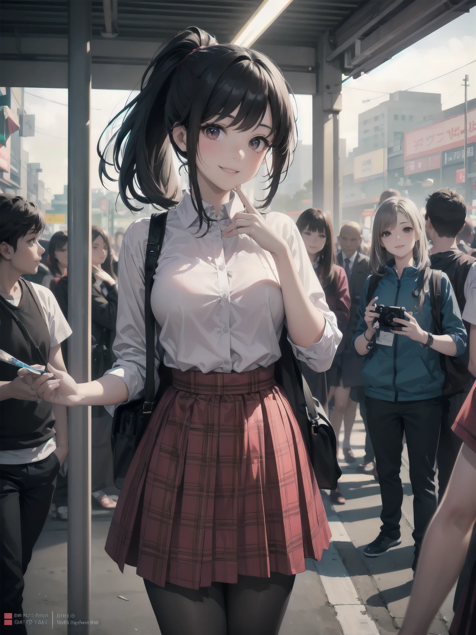 Masterpiece, high quality, high resolution, semi-realistic, 2.5D, perfect anatomy, super-detailed and detailed illustrations, sfw,
Subject: pretty, crowd.
Subtitle: {long black hair in ponytail}, {red checked skirt and white blouse}, {smiling in crowd}, {station platform}, {glowing smile}, {high sensitivity camera, f/1.4, 1/500 sec, ISO 800, subject tracking auto focus}

A beautiful girl with long black hair pulled back in a ponytail stands on a busy station platform. Wearing a red checked skirt and white blouse, she smiles at the crowd. Her radiant smile is so attractive that it makes you forget the hustle and bustle of the surroundings. In the background, hurrying commuters come and go, giving the city a lively atmosphere. Shot with a high-sensitivity camera at f/1.4 aperture, shutter speed 1/500 s at ISO 800, the beautiful girl is clearly captured in the crowd by the subject tracking autofocus function. The blurring of the people in the background makes her stand out as if she were in the spotlight.