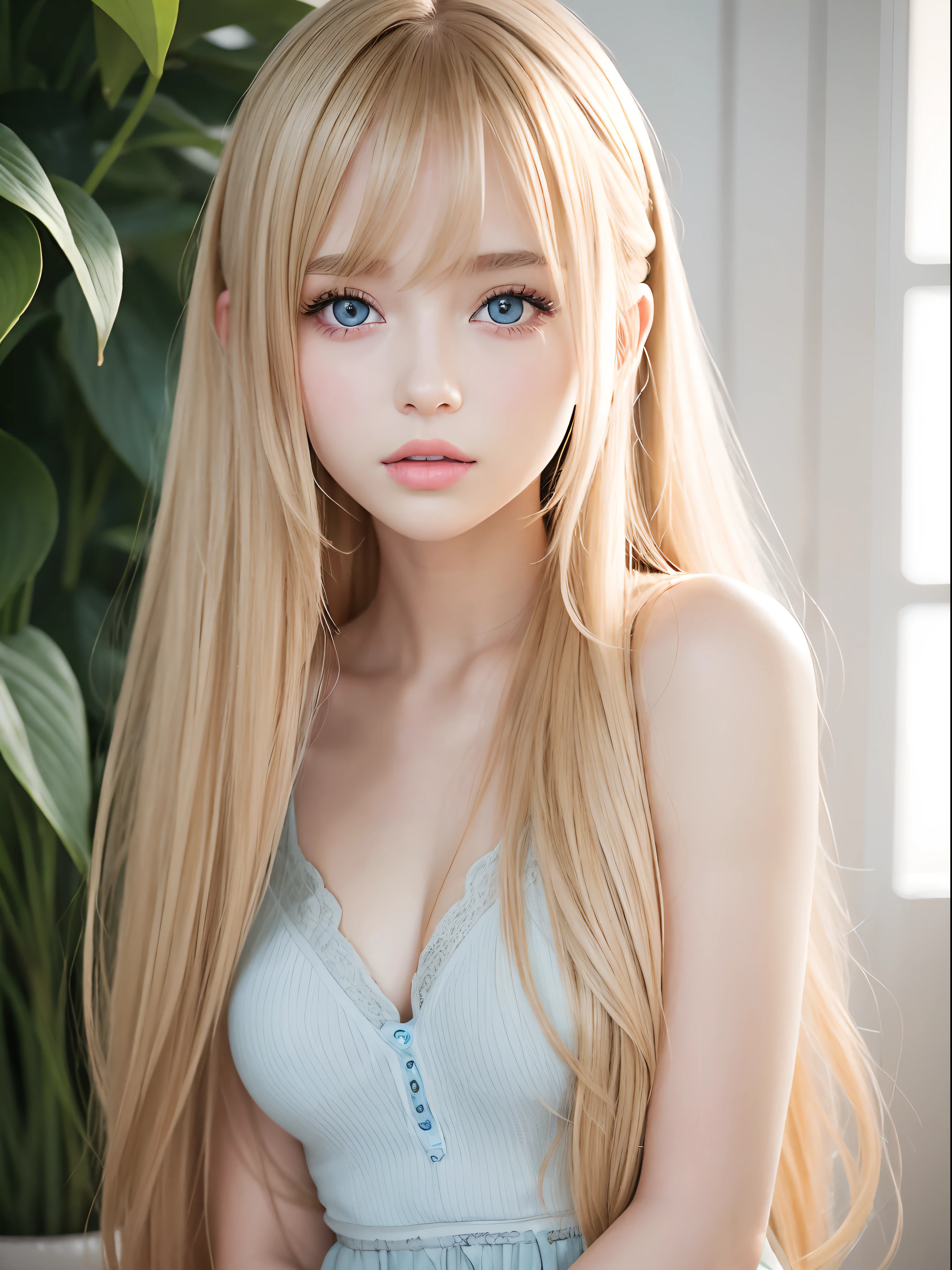 A woman with long blonde hair and pale blue eyes is taking photographs, flequillo largo、hermosa joven modelo, Retrato de Sophie Mudd, The most beautiful female models in the world.、piel blanca hermosa、Aspectos destacados del brillo de las mejillas.、linda mujer joven, mujer joven muy hermosa, retrato de una bella modelo, hermosa joven, con cara redonda、hermosa mujer joven, a photograph of a beautiful woman, cara perfecta, 16 year old female model, hermoso rostro joven, hermosa chica rubia、small face beauty