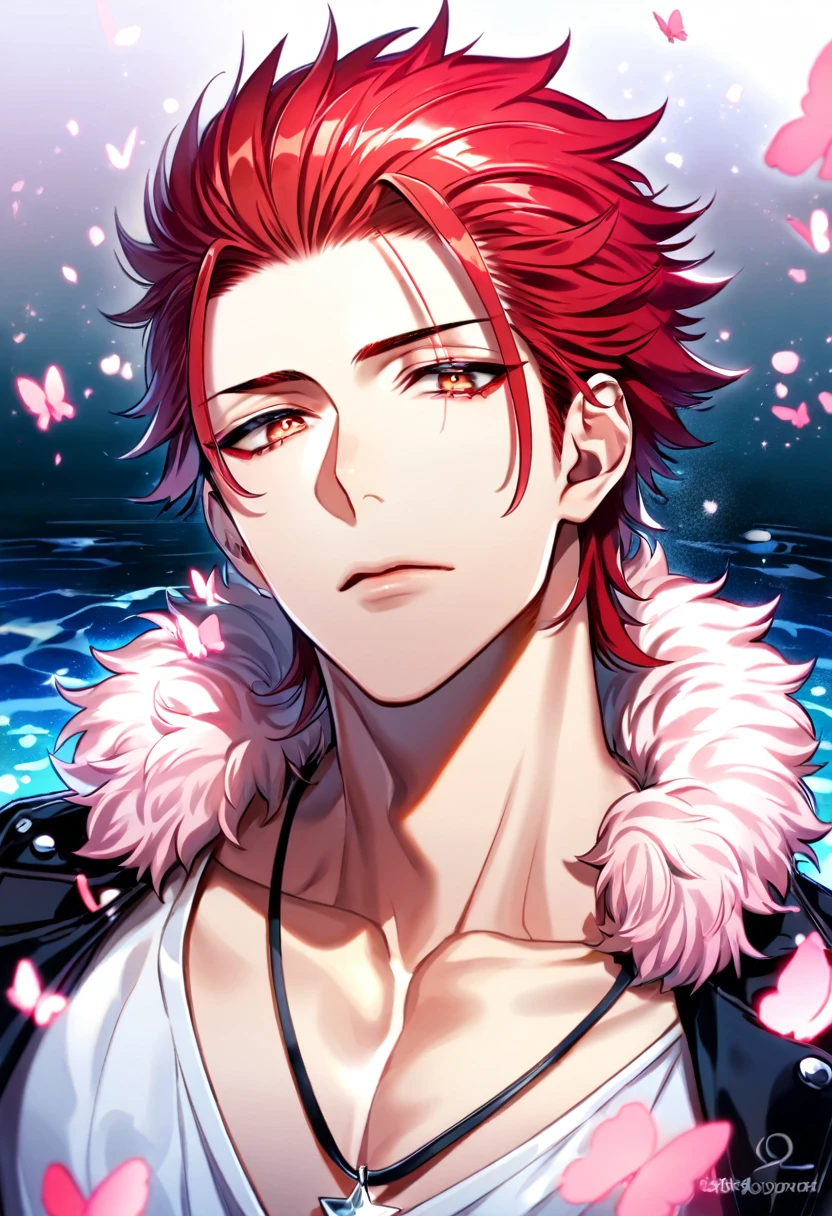 (absurdres, highres, ultra detailed, HDR) master piece, best quality, delicated features, Suoh Mikoto, red hair, hair is kept short, ruffled, slicked back and spiked, with two strands of hair near the opposite sides of his head falling over his face, expressive amber eyes, K Project, solo, sexy man, handsome, toned chest, black leather jacket with a fur collar, a white V-neck shirt underneath, blue jeans, sitting, silver star-shaped necklace, water, blossoms, pink butterflies, pink flowers