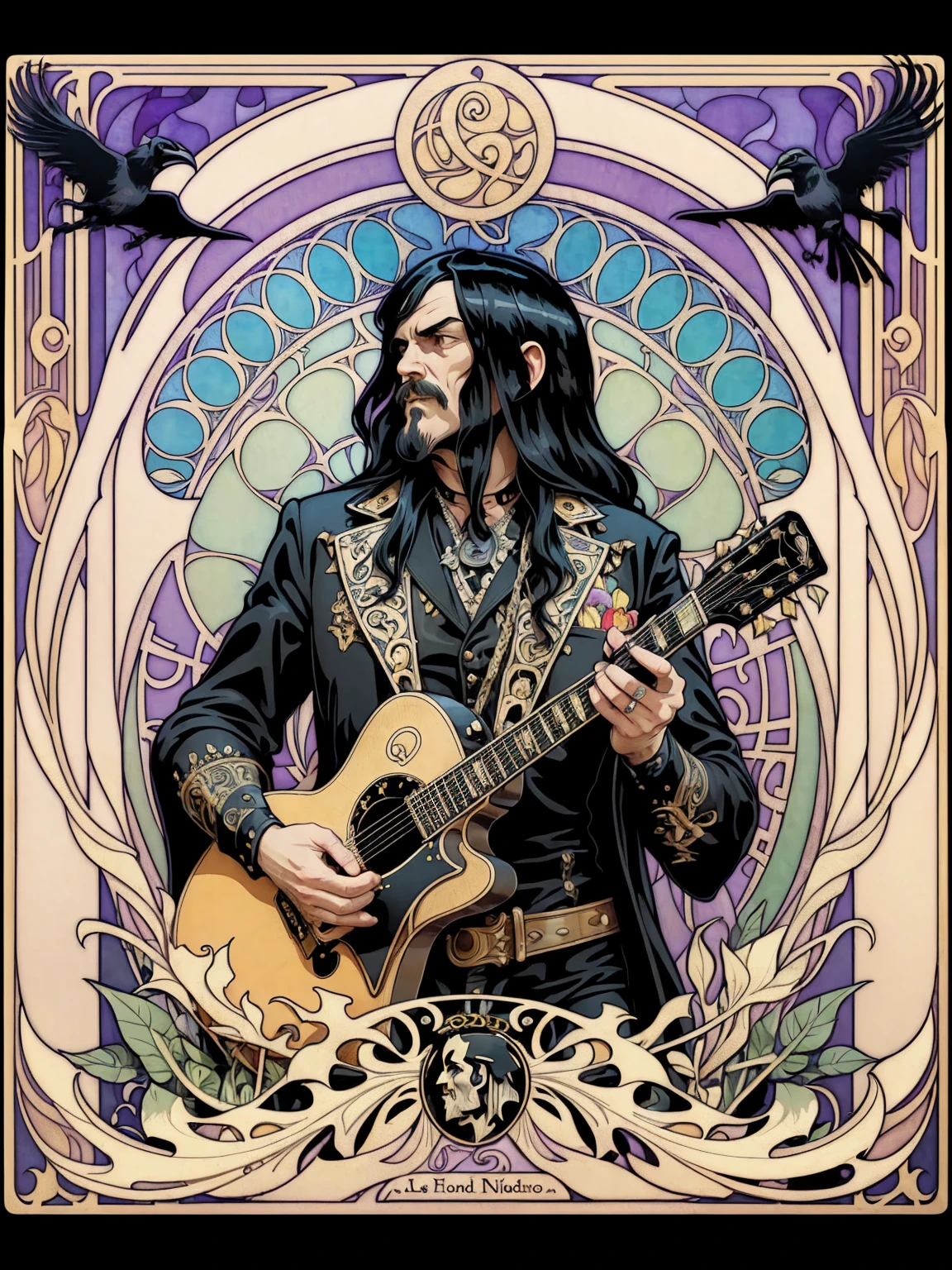 ((Art Nouveau Style)); Lemmy Kilmister as the King of Spades; guitars; spade emblem; gold flower, ravens, plant, black flower; symmetrical with thick lines, Fibonacci, golden ratio, 3D metal structure tessellation, neural graphic, neurons, color, love, passion, incredibly detailed, 8k, masterpiece, artstation, surreal
