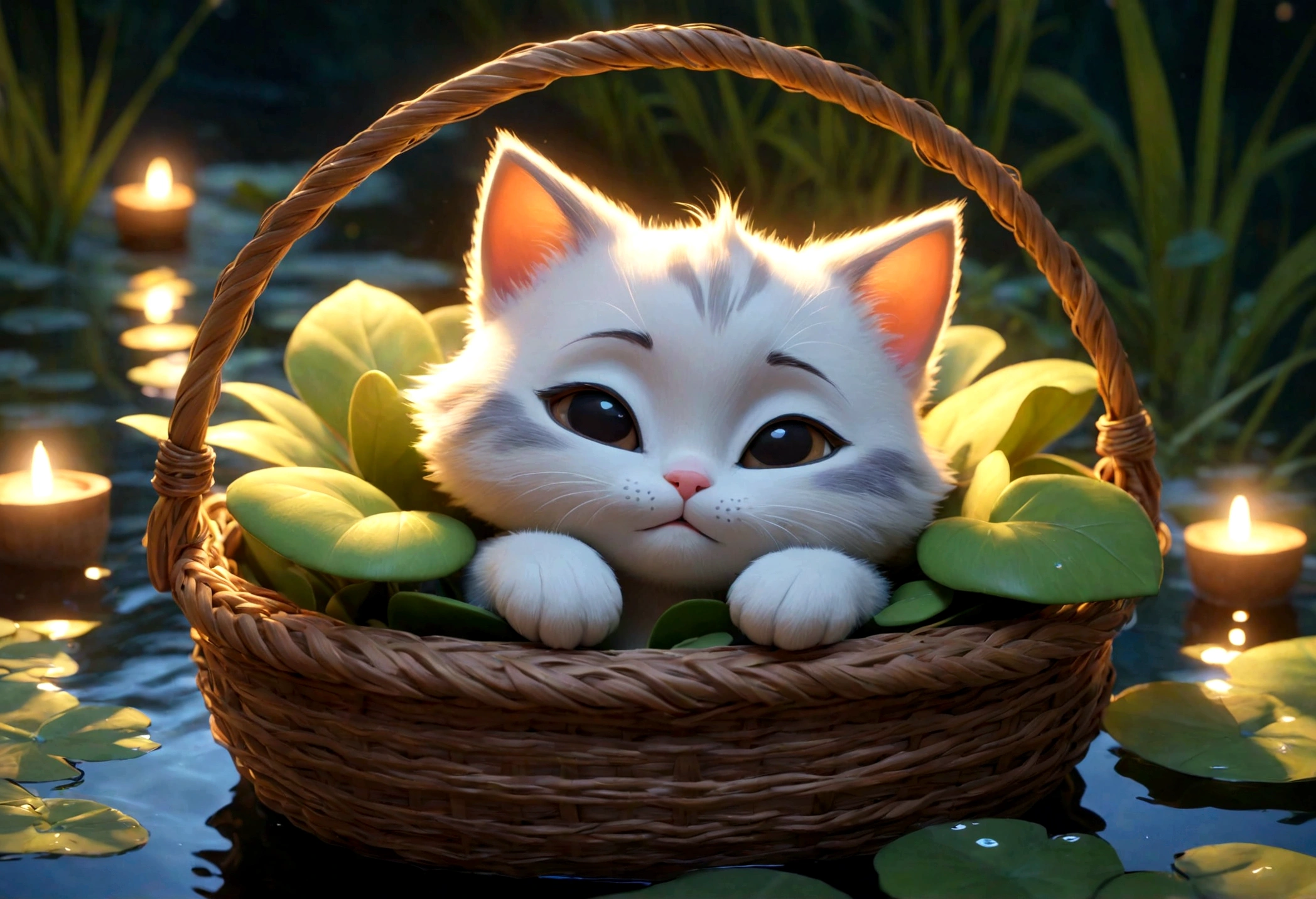 Disney Pixar cartoon character, chibi, sleeping, eyes closed, kitten, cute sleeping, sleeping, in a magical lighted basket floating in a small lake, background with magical glow, unreal engine rendering, 8k