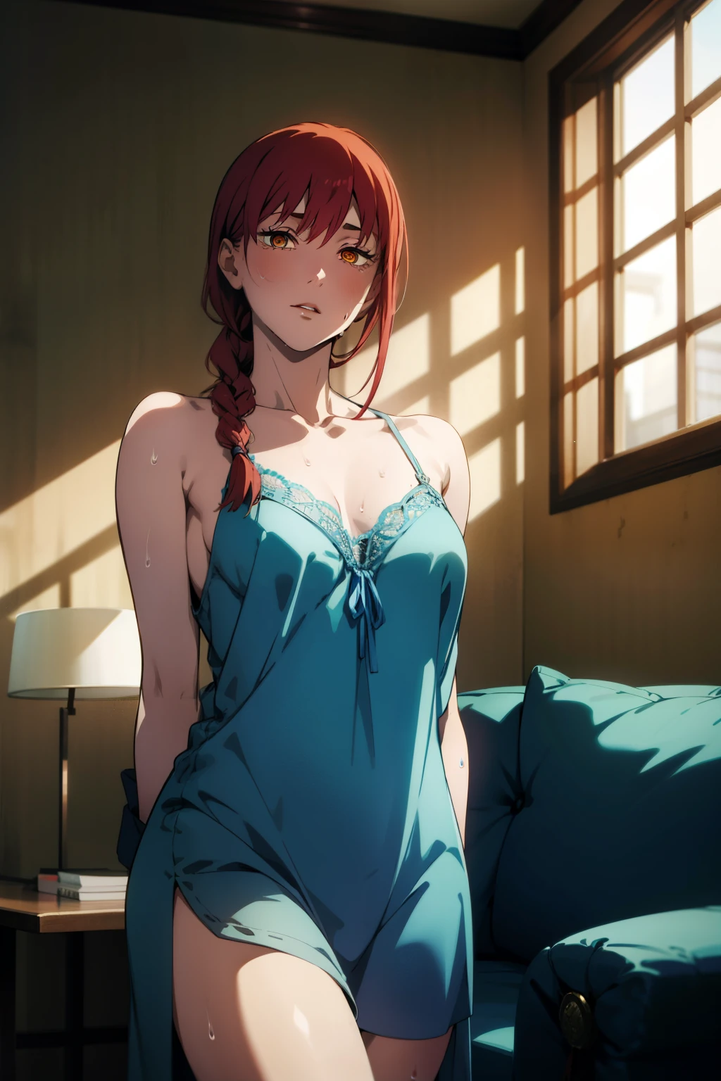 1girl, solo, breasts, realistic, long hair,, lips, looking at viewer, red hair, collarbone,braided ponytail,yellow eyes, cowboy shot,blue night gown,legs open, dynamic pose, white skin, pale skin, arms behind back,living room background, 3:4, stoic expression, ringed eyes, sitting in a sofa, sweaty face