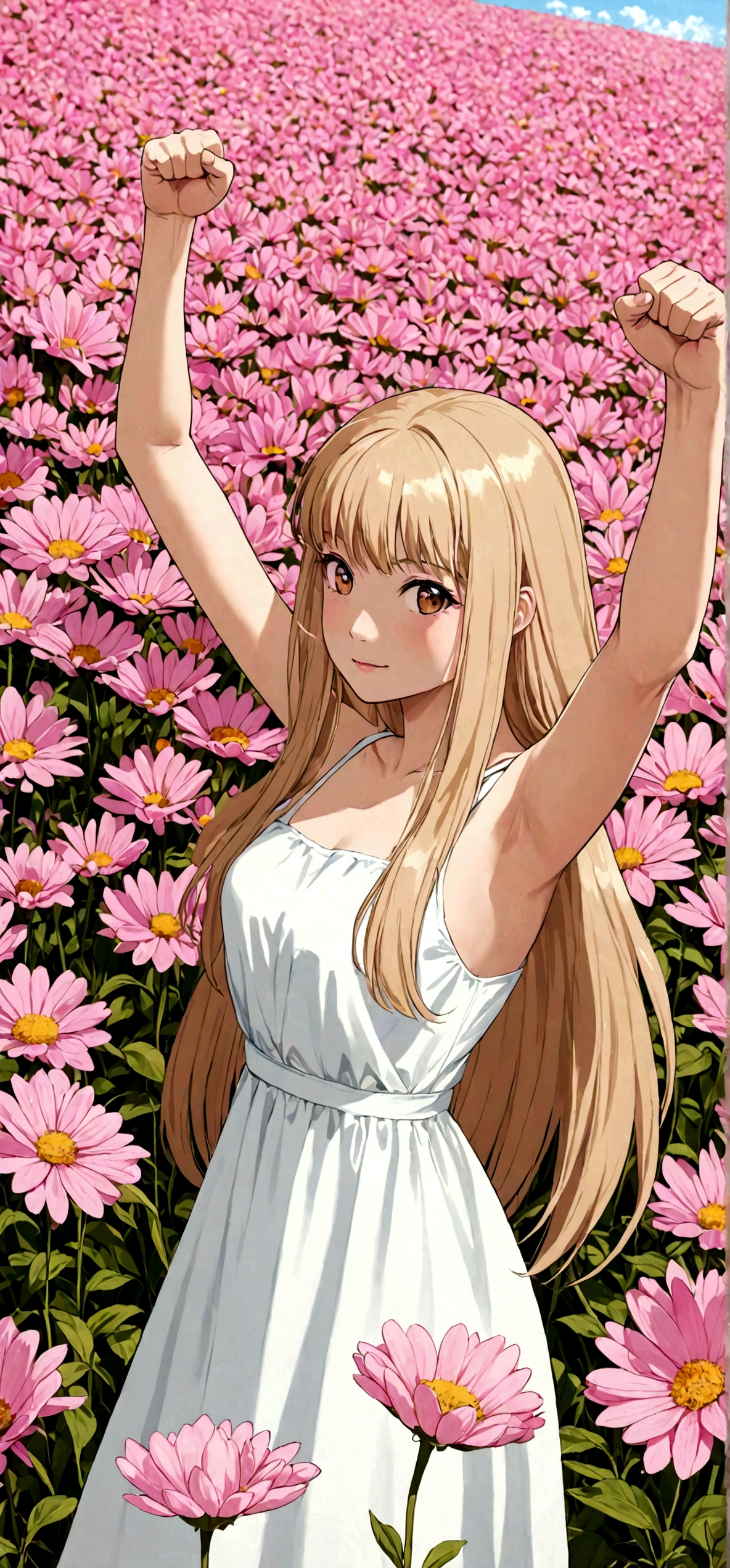 A girl with long, straight beige hair in a white dress doing a fist pump The background is a pink flower field