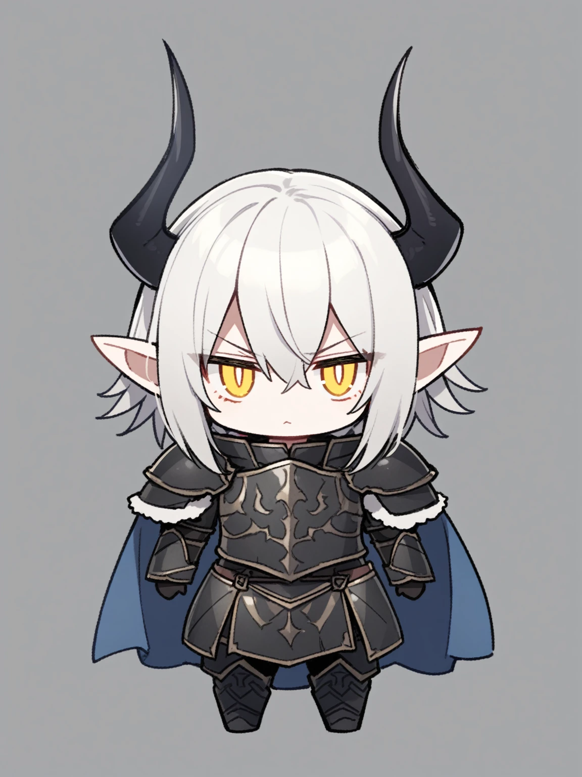 {{{kame (kamepan44231), full body, no humans, chibi, jitome, fumo (doll)}}}, straight-on, looking at viewer, medieval fantasy, solo, blank background, white background, short white hair, blunt bangshair between eyes, yellow eyes, tsurime, pointy ears, sharp pupils, black horns, black armor blue cape, white fur trim, black gloves, two horns, black shoulder armor, black overcoat, long sleeves, tsundere, serious, black armored dress,