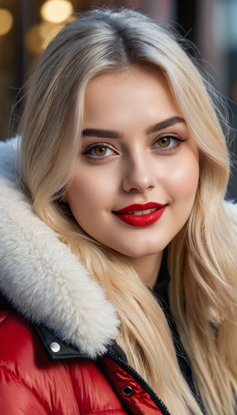 hyperrealistic beautiful busty 19-year-old woman with long legs wearing casual winter outfit with shiny black puffer coat, model shooting full body photography, bleached blonde very long straight hair, soaky wet skin, dark eye makeup with eyeliner, seductive smile, red lips, 8K, Best quality, Meisterwerk, ultra high resolution, (Realismus: 1.4), Originalfoto, (realistische Hautstruktur: 1.3), (Filmkorn: 1.3), (Selfie-Winkel), 1 girl, Beautiful round hazel eyes and facial details, Meisterwerk, Best quality, outdoor photography
