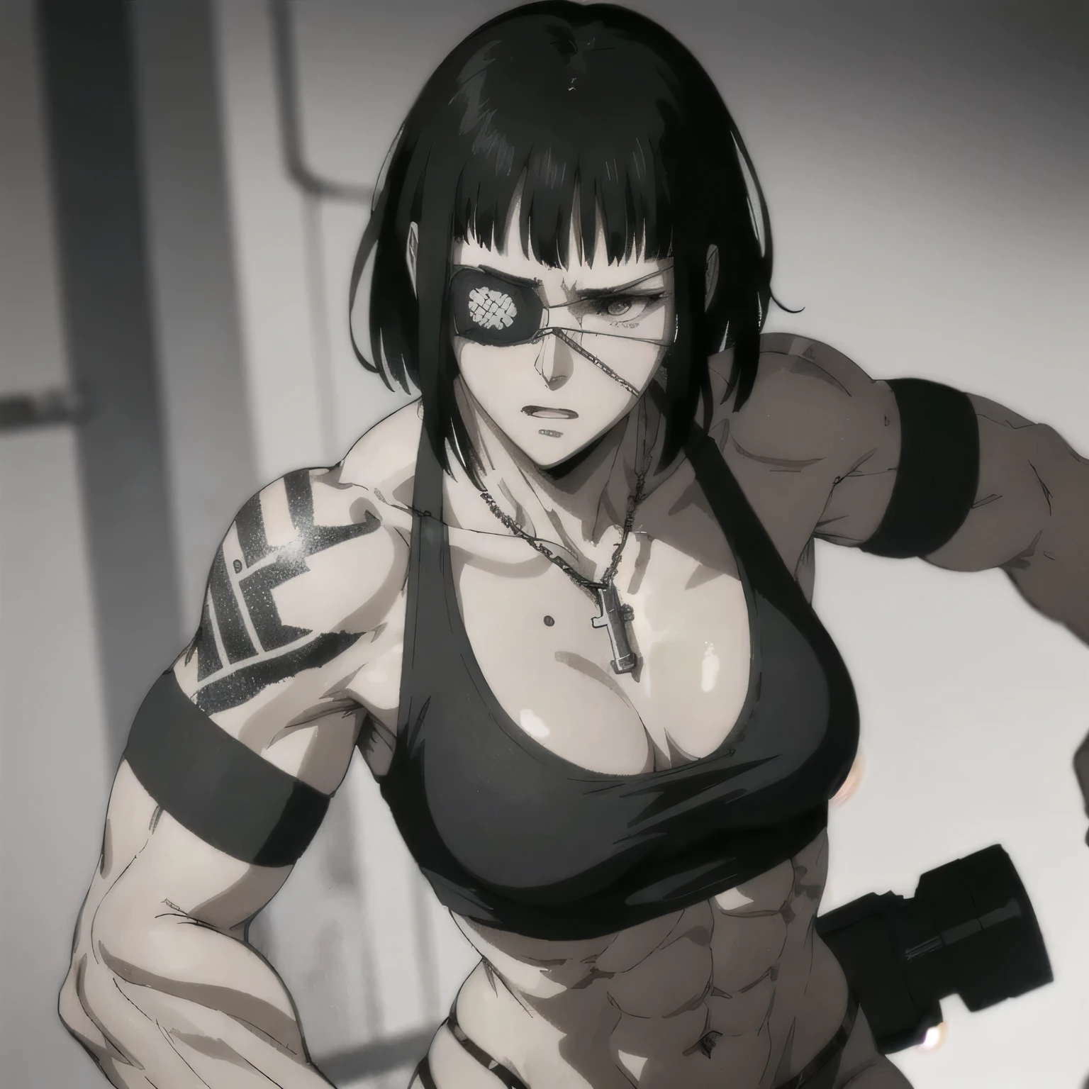 (best quality,ultra-detailed,realistic:1.37),musclaur badass girl with sculpted body with preview her musclaur body and six-pack, full review of the female character's face and body, intense expression,studio lighting, vivid colors, physiologically-based rendering, grungy texture, rugged background, dust particles in the air, commanding presence, professional, powerful, gritty aesthetics,,Valmet،short hair،tattoos on shoulders,,Shining muscles, muscle protrusion,wearing military male black underwear and midriff tank top,necklace,Valmet have a sex muscles,eyepatch,penis,penis growth inside underwear,penisQuiron,wet body,veins,fighting position,wet clothes,white skin,water dropped on body,Shining skin