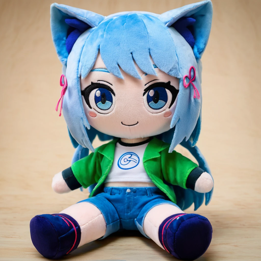 score_9, score_8_up, score_7_up, rating_safe, plushify, character stuffed toy, chibi, BREAK 1girl, cat ears, shirt, shorts, smile