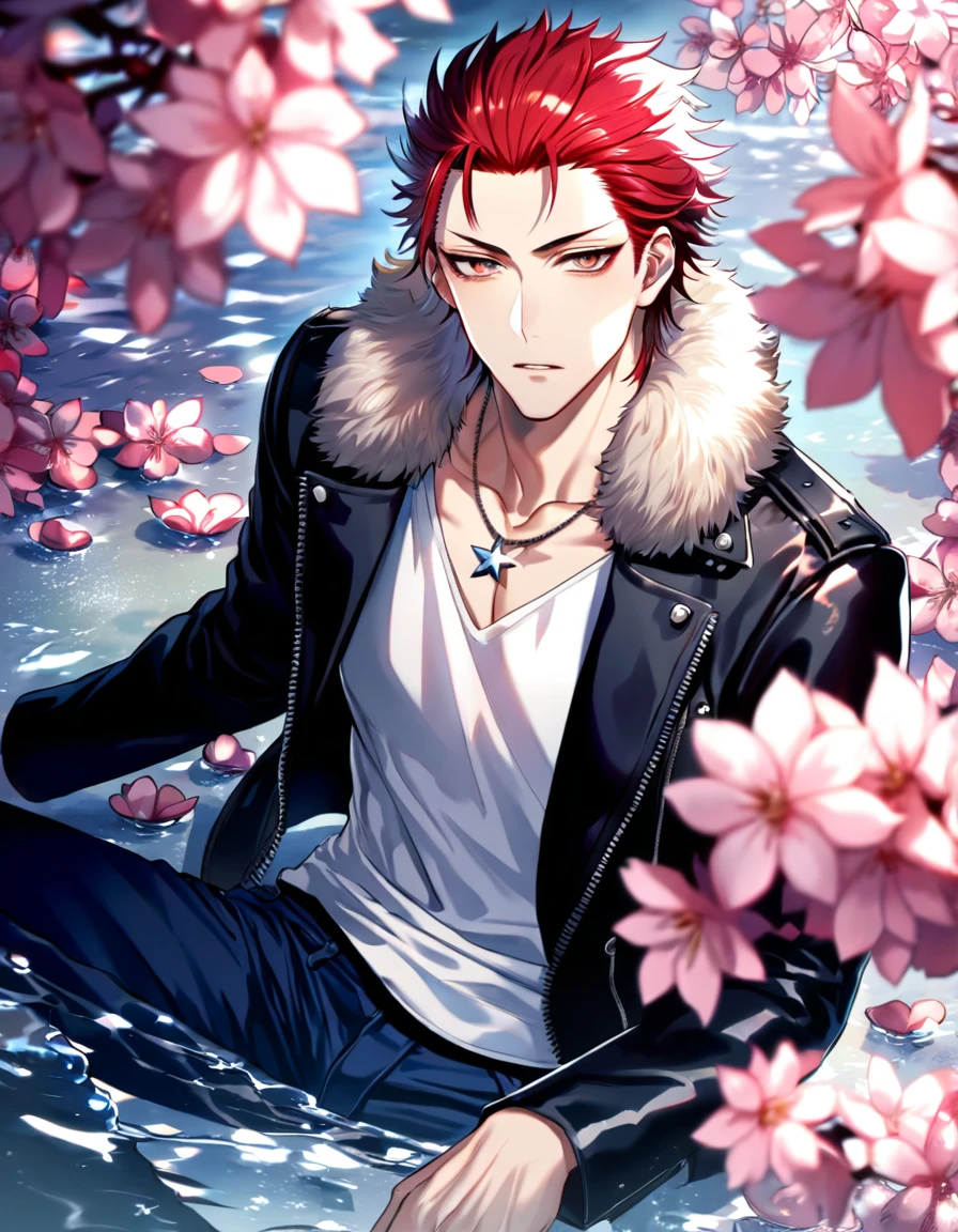 (absurdres, highres, ultra detailed, HDR) master piece, best quality, delicated features, Suoh Mikoto, red hair, hair is kept short, ruffled, slicked back and spiked, with two strands of hair near the opposite sides of his head falling over his face, expressive amber eyes, K Project, solo, sexy man, handsome, toned chest, black leather jacket with a fur collar, a white V-neck shirt underneath, blue jeans, sitting, silver star-shaped necklace, water, blossoms, pink butterflies, pink flowers