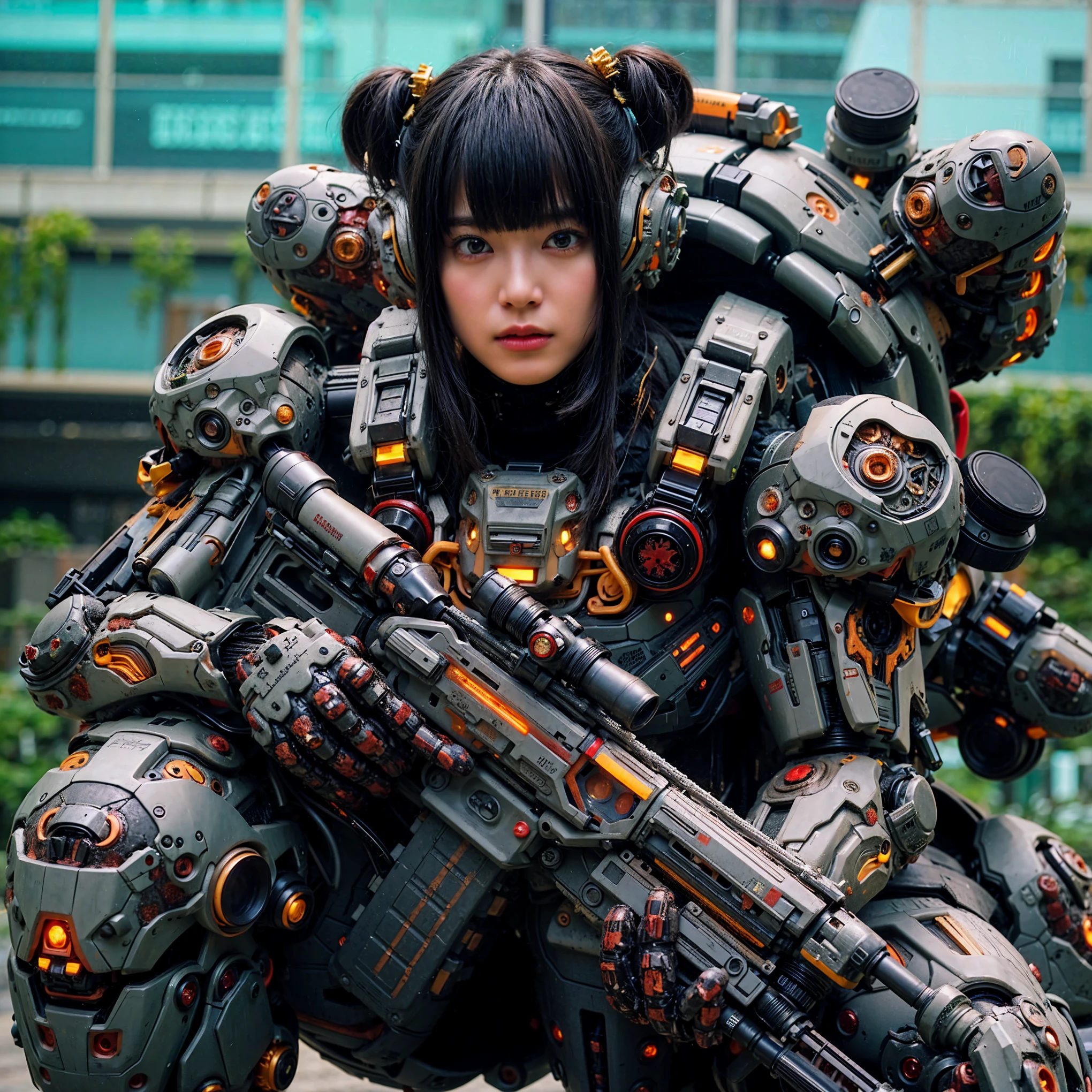 ultra high res,8k,(Photorealsitic:1.4), (beast-like animal wear:1.2), designed by Hajime Katoki,heavy weapons,vivid textures,animal legs, green hair, japanese female soldier,(ultra beautiful face),((super realistic all textures)), ((super intricate all details)), full body shot, ultra sharp photo result, Acrylic Clear Cover, Hydraulic cylinder, style, taken with Fuji film X-T30+Nokton. HDR10,Minimum of 4 pieces created