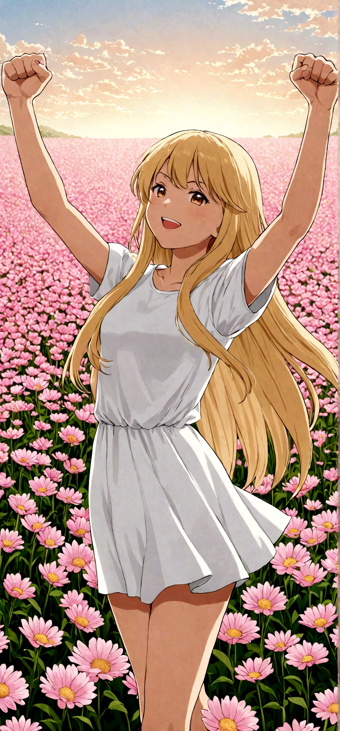 A girl with long, straight beige hair in a white dress doing a fist pump The background is a pink flower field