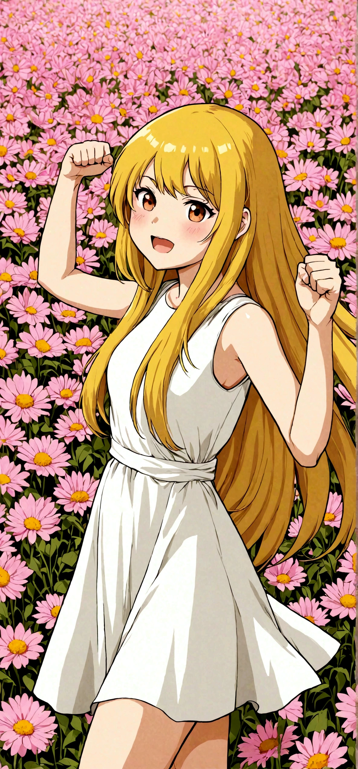 A girl with long, straight beige hair in a white dress doing a fist pump The background is a pink flower field