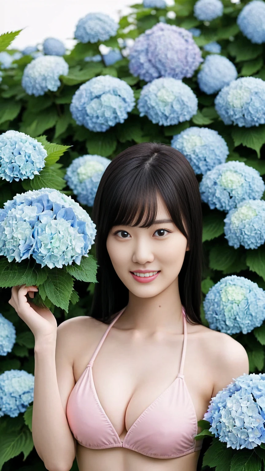 最high quality、high quality、Best image quality、8k、Floral Bikini、Micro Bikini,,最High resolution、High resolution、最high quality、masterpiece、RAW Photos、whole body写真、Detailed and realistic human body、Detailed and realistic skin、Realistic face in every detail、Detailed and realistic eyes、Detailed and realistic lips、Detailed and realistic teeth、Detailed and realistic ears、Detailed and realistic hair、Realistic reproduction of every detail、Realistic fingers in every detail、(Beautiful Hands、thumb1reference4)、Realistic feet down to the last detail、((Beautiful Japanese Woman))、(Japanese Model)、((21 year old beautiful woman))、(Black Hair)、(Straight hair)、((whole body))、(Slim and perfect figure)、(whole body光沢肌、Fair skin)、Detailed and realistic human body、Detailed and realistic skin、Realistic face in every detail、Realistic fingers in every detail、Detailed realistic feet、Soft natural light、Japanese garden、A 360-degree view of the hydrangea fields、((Standing in the middle of a hydrangea field(A woman surrounded by hydrangeas))、Poses to make your thighs look beautiful,whole bodyポーズ、