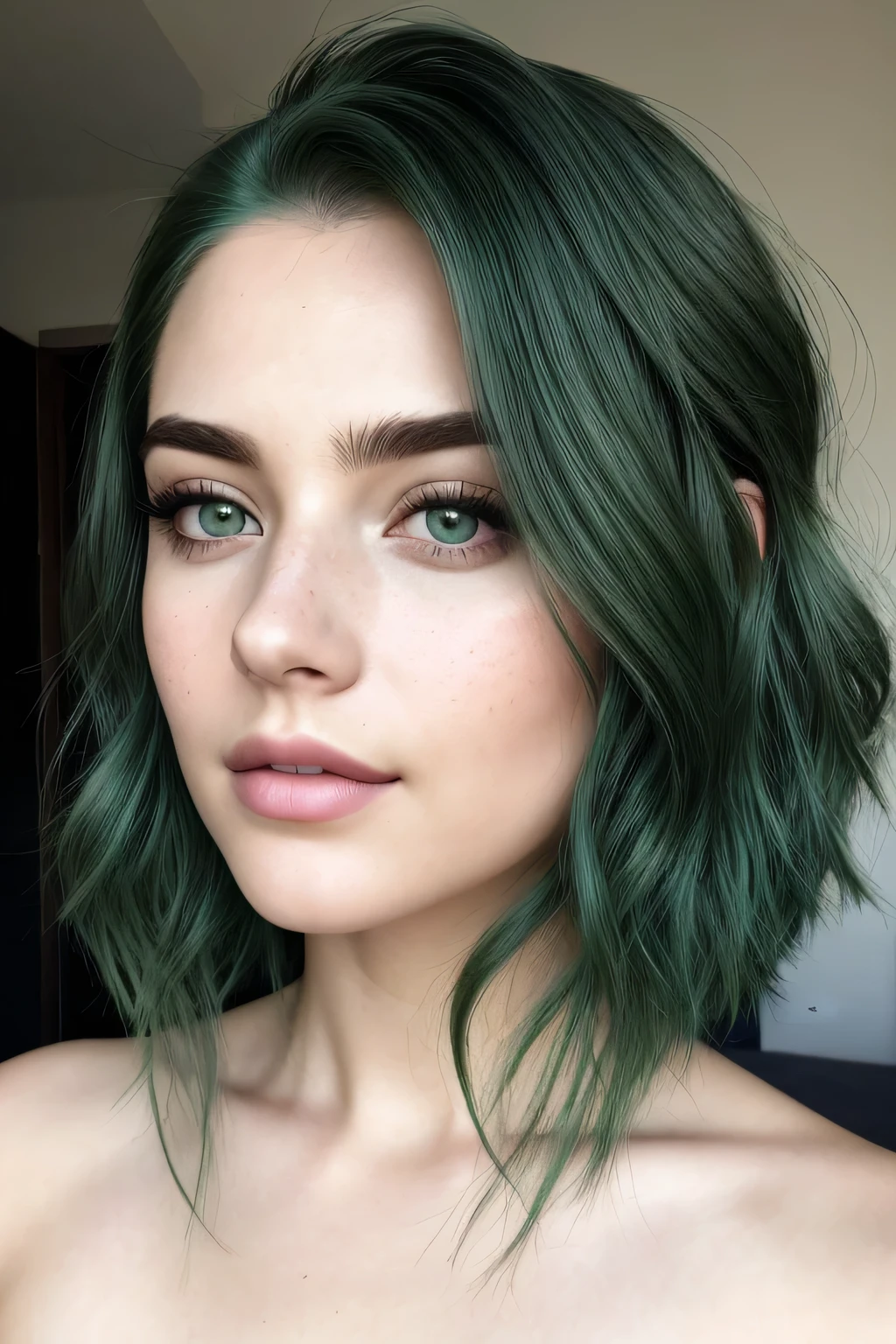 A dyed green hair model with porcelain white skin, radiant and flawless, graces the frame in an ultra-realistic depiction. Her hair cascades in green curls, selfie, without makeup, contrasting vividly against her pristine complexion. Every pore, every freckle, every wrinkle is meticulously captured in exquisite detail, reflecting the uncanny authenticity of the RAW image. The cinematic light illuminates her facial features from the side, casting intriguing shadows and hidden dimensions. The vivid 4k textures and crisp sharp focus reveal her flawless features, ensuring a masterpiece that leaves no detail untouched. stunning full body shot, laid on bed, in bedroom.