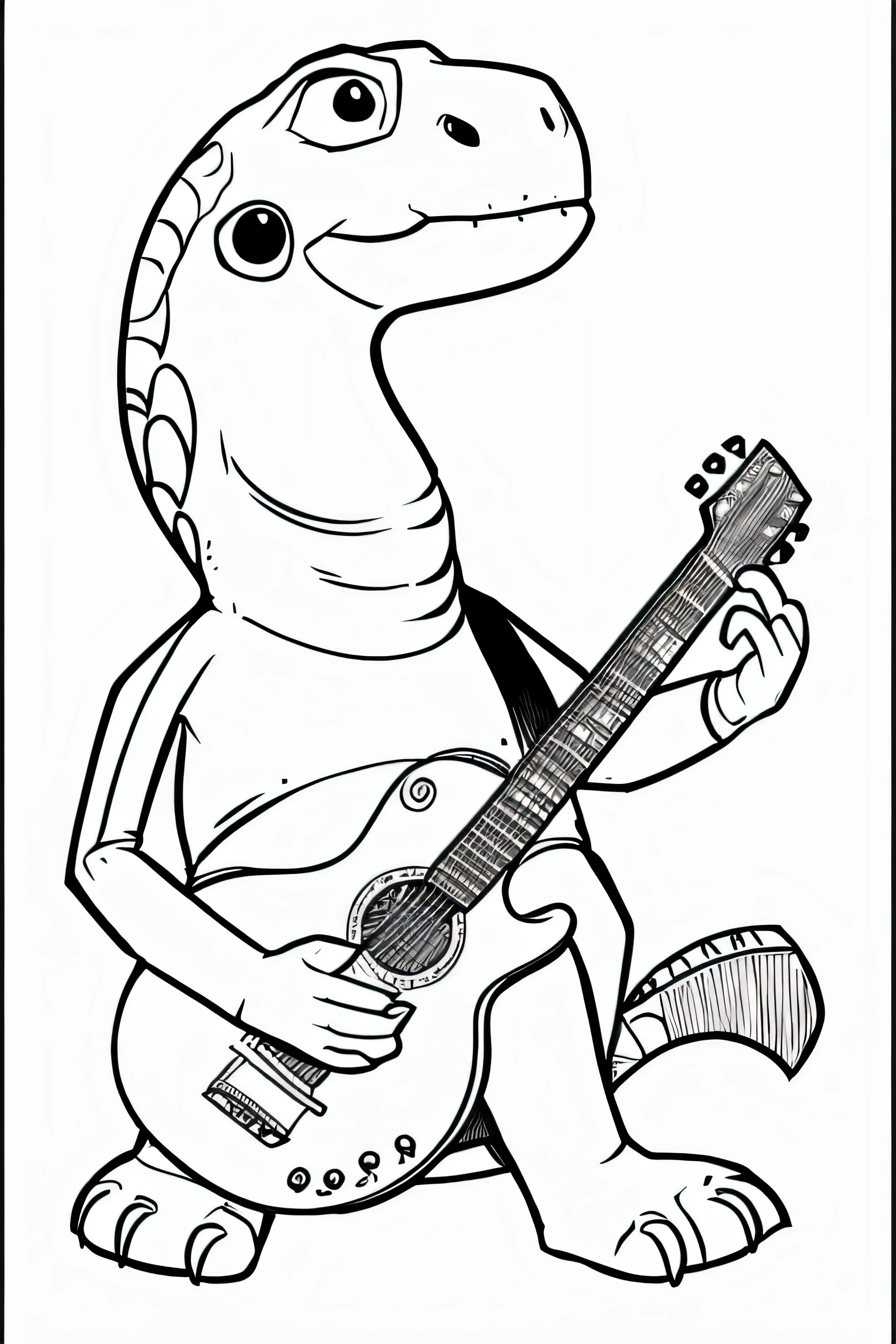 Create an illustration of a cute dinosaur playing a musical instrument, like a guitar or a drum, for a kids' coloring book. The dinosaur should be in black and white, featuring simple and clear lines suitable for coloring. The style should be friendly and appealing to children, with a playful expression and round, non-threatening features. Ensure the resolution is high (300 DPI) to make it print-ready for a coloring book.