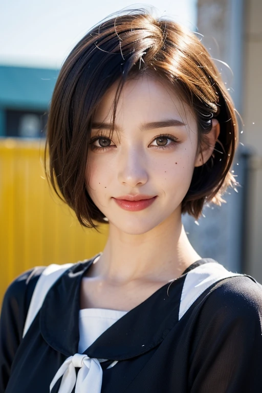 ((8k, highest quality, masterpiece、Realistic、Ultra-high resolution))、((Japanese women))、((Short black bomb hair))、(Small breasts)、((thin thin eyebrows))、(((A mole in the corner of the eye)))、((Face is golden ratio))、smile、Town、((Beautiful Face))、Beautiful Eyes、Delicate face、、Toned waist、(Sailor suit)、((school uniform))、School bag、short hair、short hair、Short Hair