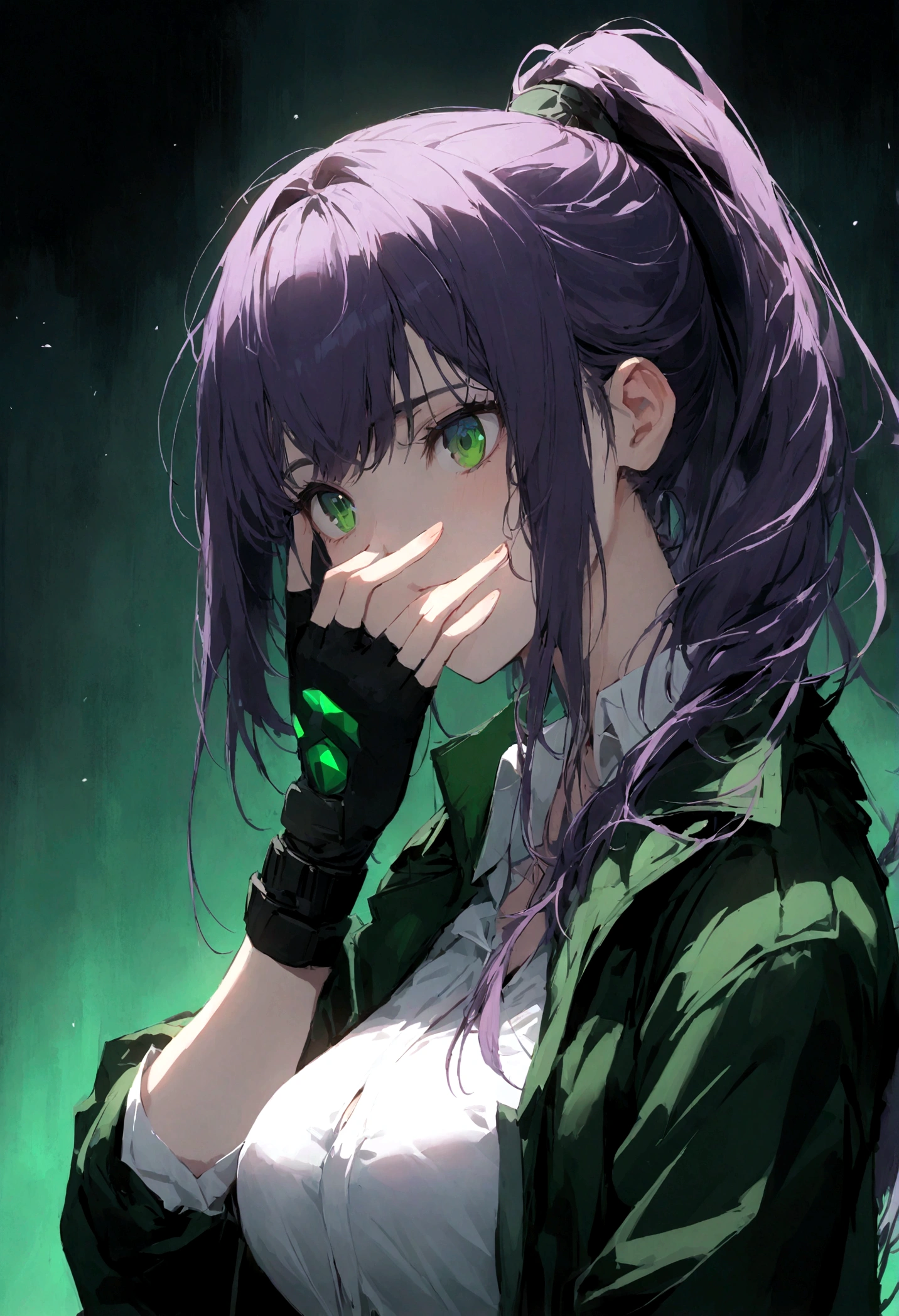young woman, long straight dark purple hair, high ponytail, few strands of hair framing her face, sharp emerald green eyes,black jacker, white shirt, fingerless glove, large breast,
