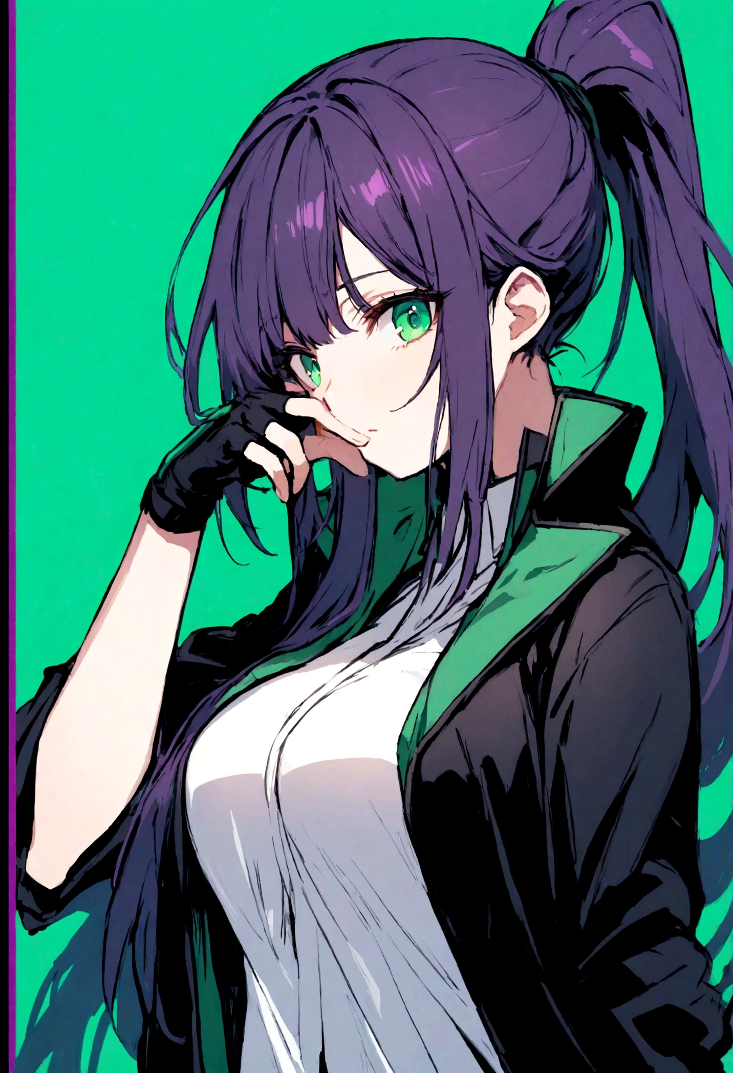 young woman, long straight dark purple hair, high ponytail, few strands of hair framing her face, sharp emerald green eyes,black jacker, white shirt, fingerless glove, large breast,