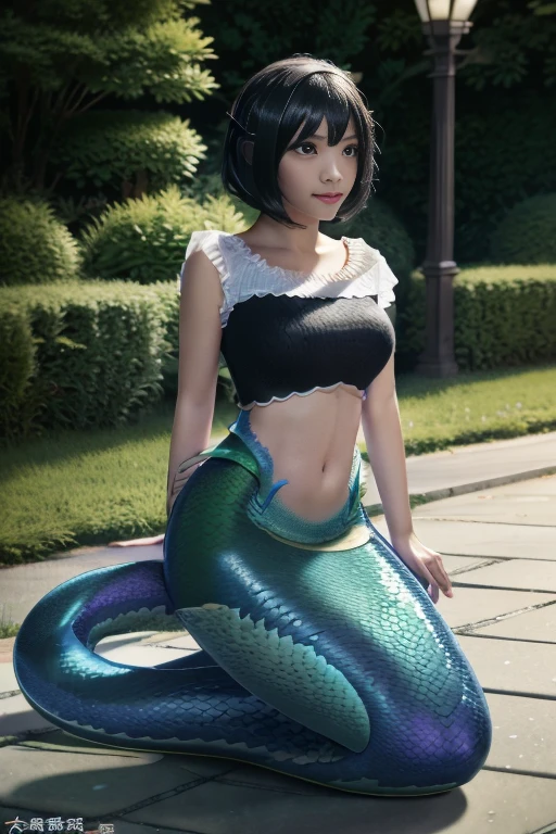 Lamia on the sidewalk, full body, sit on sidewalk, lamia tail, black hair, chinese, short hair, lamia,