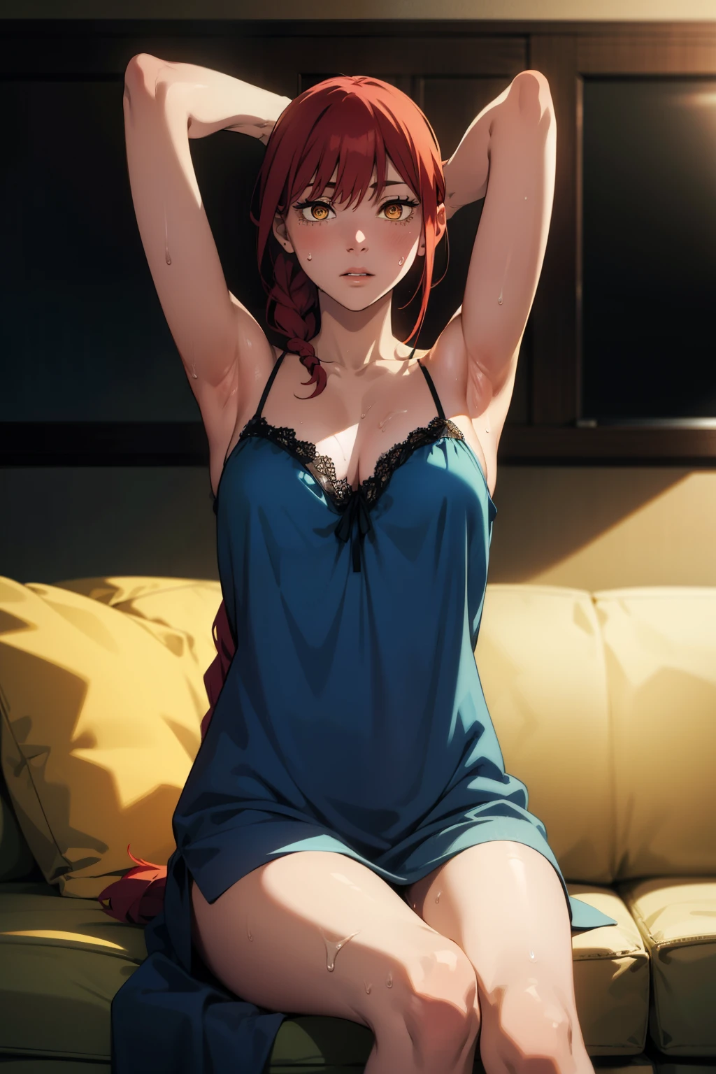 1girl, solo, breasts, realistic, long hair,, lips, looking at viewer, red hair, collarbone,braided ponytail,yellow eyes, cowboy shot,blue night gown,legs open, dynamic pose, white skin, pale skin, arms behind back,living room background, 3:4, stoic expression, ringed eyes, sitting in a sofa, sweaty face, sitting, arms behind head, show both armpits