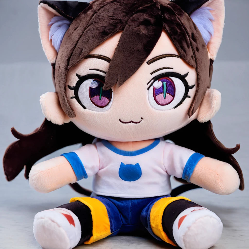 score_9, score_8_up, score_7_up, rating_safe, plushify, character stuffed toy, chibi, BREAK 1girl, cat ears, shirt, shorts, smile