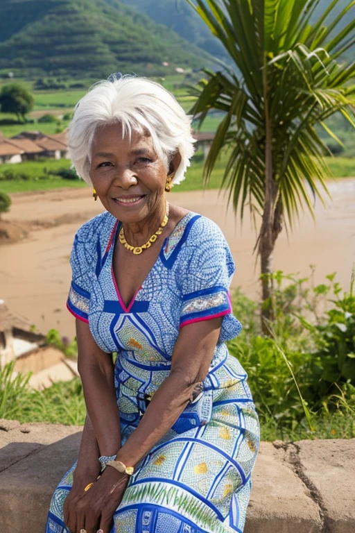 「80 year old African grandma、Her gentle smile is impressive。Her hair is cut short、The white hair shines beautifully。She was dressed in brightly colored traditional African clothing.、In the background is a lush village landscape.。The mud-walled houses and surrounding plants、It highlights her warm personality.。」