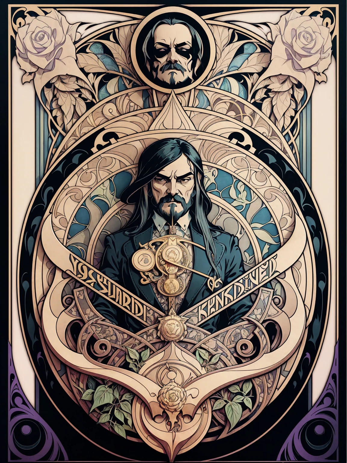((Art Nouveau Style)); Lemmy Kilmister as the King of Spades; spade emblem; gold flower, ravens, plant, black flower; symmetrical with thick lines, Fibonacci, golden ratio, 3D metal structure tessellation, neural graphic, neurons, color, love, passion, incredibly detailed, 8k, masterpiece, artstation, surreal