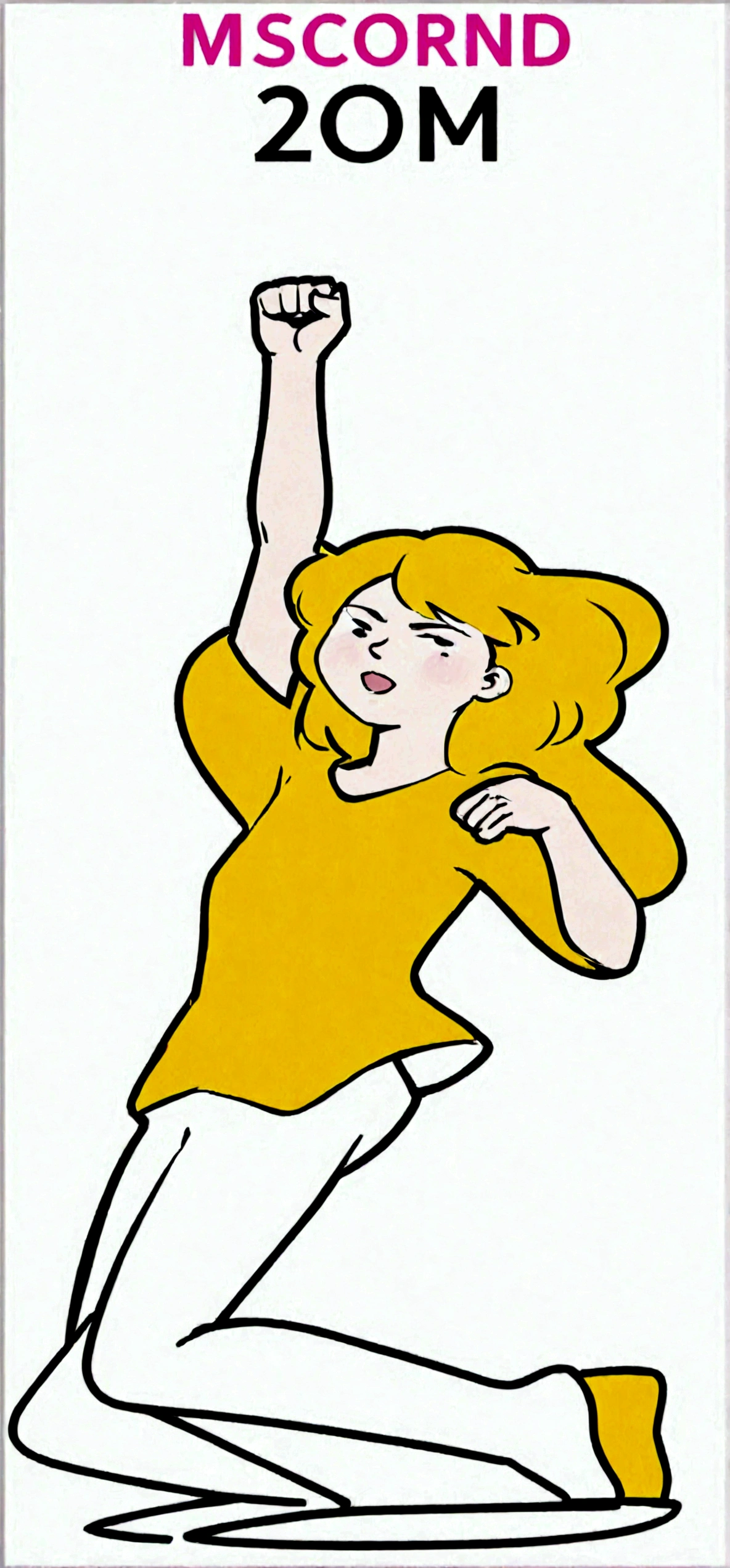 A girl with long, straight beige hair in a white dress doing a fist pump The background is a pink park