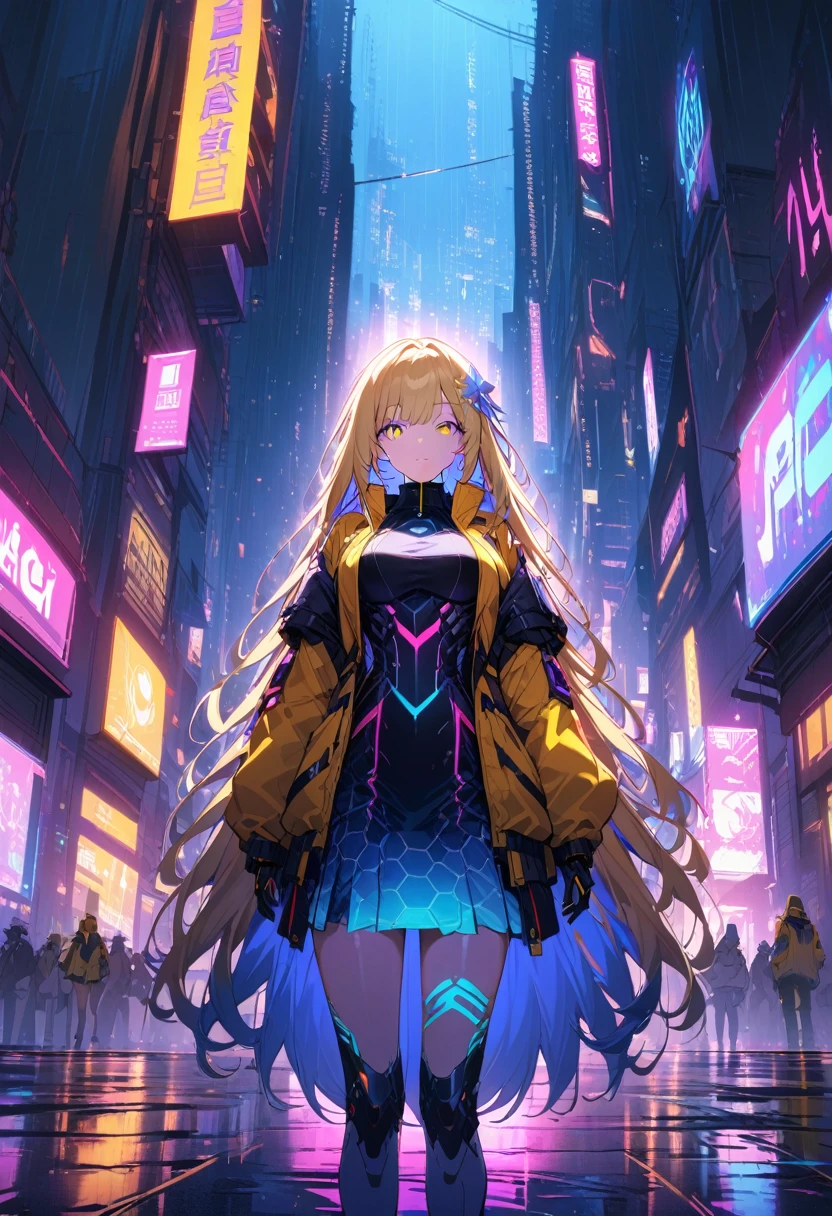 night, Colorful cyberpunk city background, rain, street, (very long hair:1.5), blonde hair, blue hair highlights, red bangs, yellow bangs, shining eyes, (multicolored eyes:1.5), blue eyes, yellow eyes, large breasts, colorful (white jacket:1.5), futuristic jacket, (hexagon-pattern skirt:1.5), smug, smirk, black, backlight, glow, Find an audience, low angle shot, Looking up at the camera, perfect composition, Perfect light and shadow, 8K