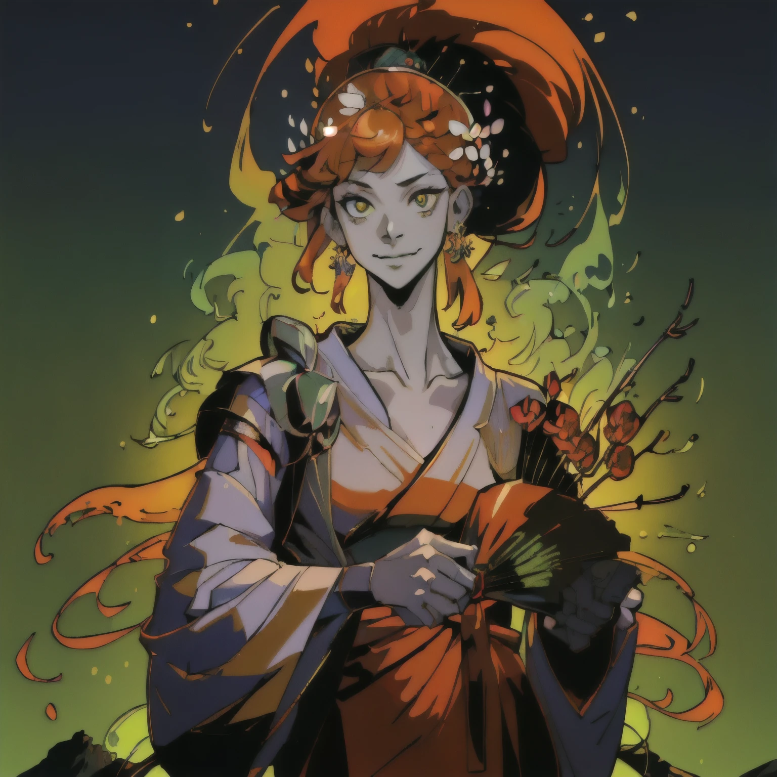 (best quality, masterpiece), chiaroscuro:(1.5,bright light:1.2,luminous lighting), (background blur:1),blurring, (Fuji color:1,5), film grain
1girl, 26 years old, androgynous, attached ginger hair with kanzashi, orange eyes, wearing orange japanese yukata, round pendant earrings
looking at viewer, calm attitude, slightly smiling, elegant
particles, wind, flower, upper body, green themed japanese traditional garden background including mikan trees, sakura trees, japanese maple
Hades style, KeiraWorks style, Miyazaki style
High contrast, night, candle
