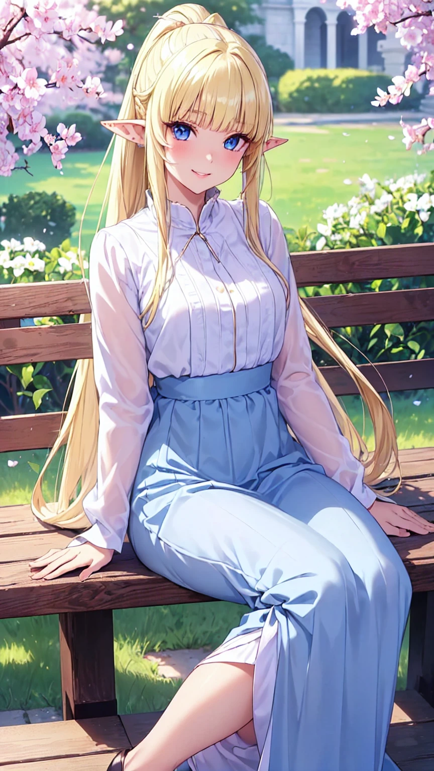 Very close、16k、masterpiece、High resolution、High resolution、((Young Elven Woman))、((Beautiful white skin))、((Beautiful blonde))、ponytail、((Beautiful Blue Eyes))、((Pointy Ears))、Smiling Kindly、Grin、blush、Pink Lip Gloss、Shiny skin、((Calm spring clothes、Long skirt))、Seductive Gaze、sitting on a park bench、