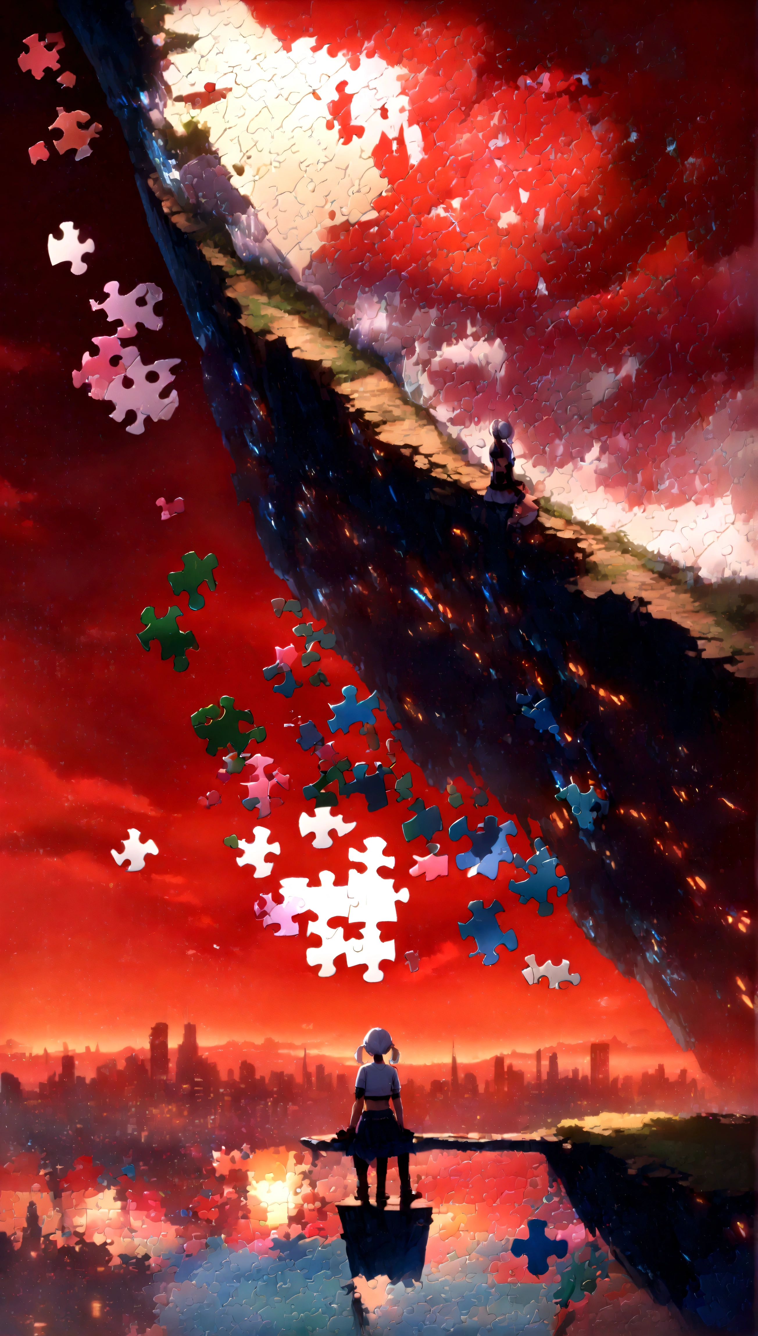 quality,(masterpiece:1.9),(details),((,best quality,)),//,(red theme:1.4),(red sky:1.7),(warning signal:1.2),cityscape,focus on sky,horizon,(,broken glass,broken sky:1.3),landscape,surreal elements,glitch,error message,(error,error data code:1.3),(glitch effect:1.3),(cyberpunk:1.5),shards,(puzzle:2.0),glass,broken glass,clear glass,shards of glass,broken glass shards,reflection,one girl,(sitting on edge of cliff),from behind,aerial view,,(short pigtails),(white hair:1.3),(crop top, gloves, skirt),(wide shot:1.4),mid shot