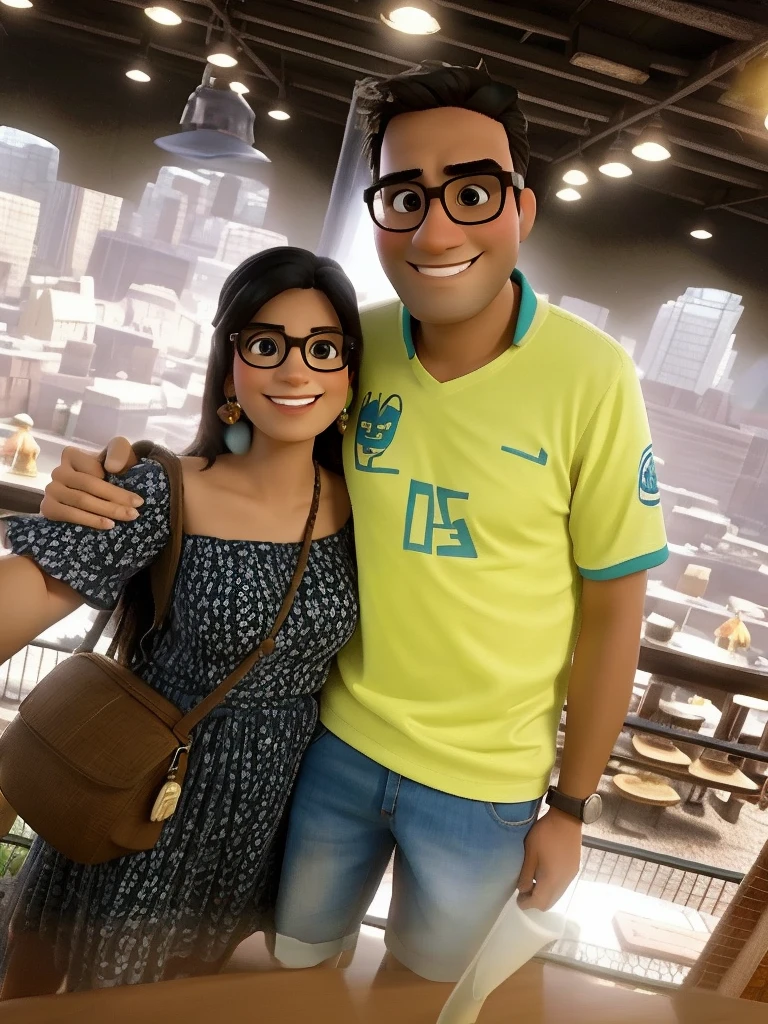 Adult couple wearing glasses, with indigenous eyes, estilo Disney Pixar, melhor qualidade 